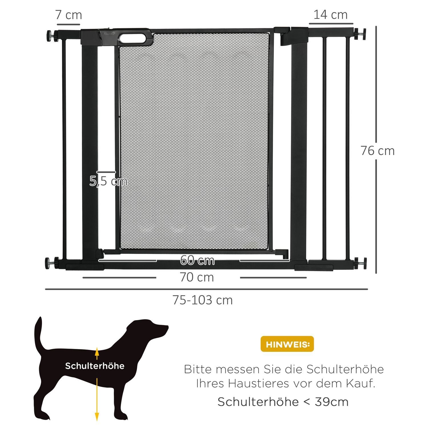 Hundedørvakt, trappeport, hundeport uten boring, 75-103 cm bred lås, autolukking, for barn, katter, stål, svart