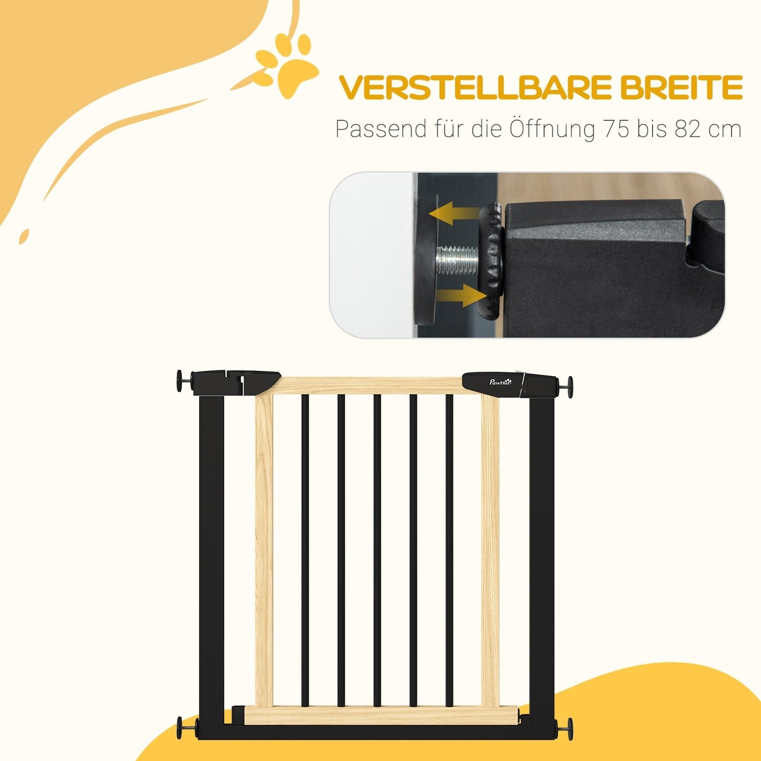 Dørvakt hundelås med automatisk lukkedør, 75-82 cm, trappeport, ingen boring, svart + naturlig tre