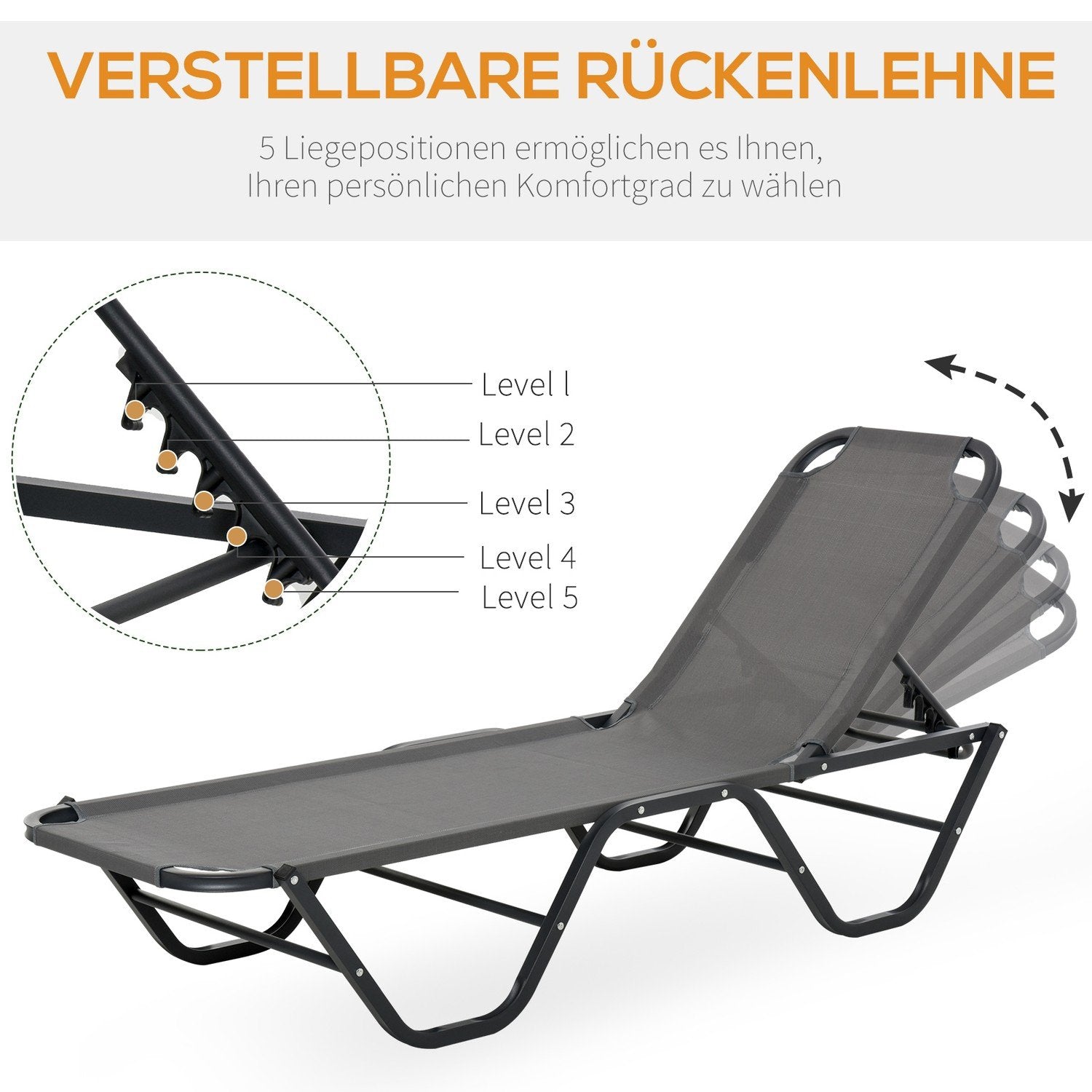 Solstol Strandsäng 5-Vånings Trädgårdssäng I Aluminium Relax Solstol Textline Grå + Svart 163 X 58,5 X 91 Cm