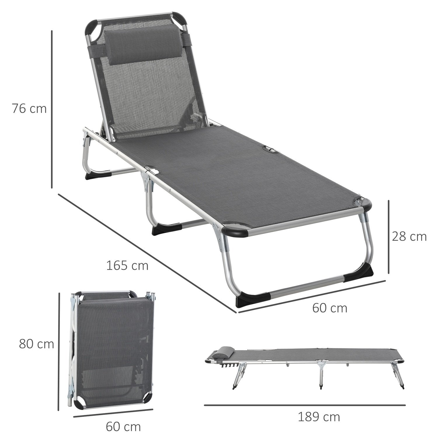 Solseng Hagestol Solseng i aluminiumsstoff Relax stol 5-veis Justerbar Sammenleggbar Ergonomisk Mesh Grå 170 X 60 X 76 Cm