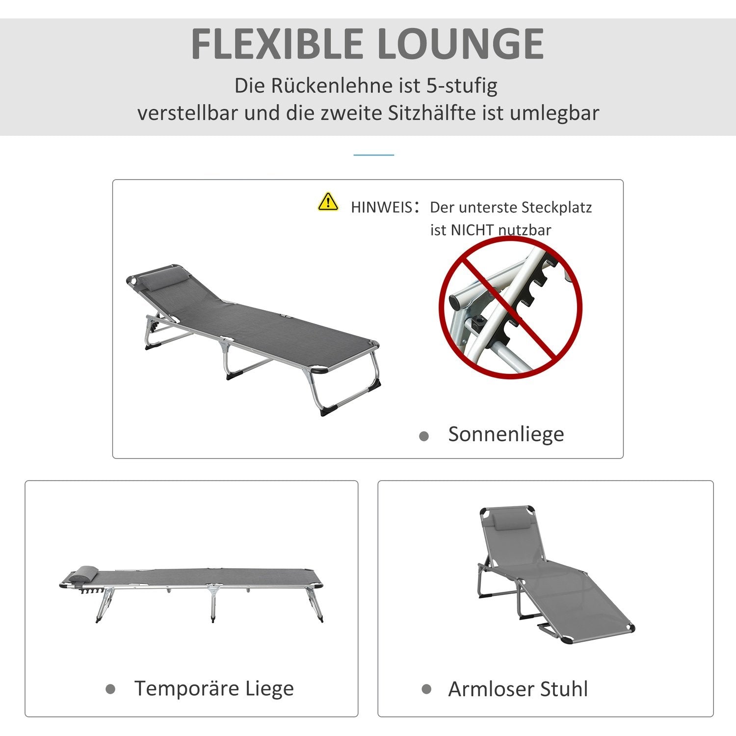 Solseng Hagestol Solseng i aluminiumsstoff Relax stol 5-veis Justerbar Sammenleggbar Ergonomisk Mesh Grå 170 X 60 X 76 Cm