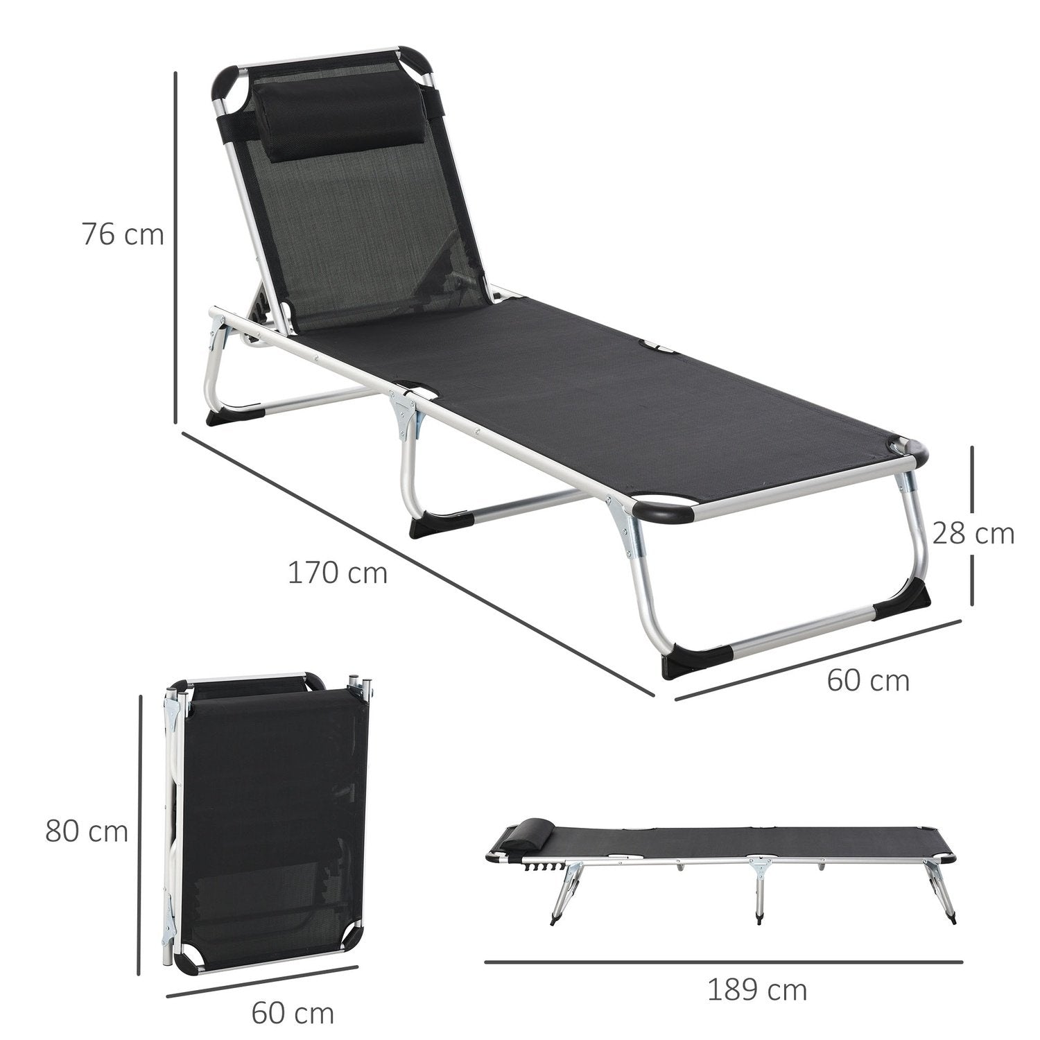 Solstol Trädgårdsstol Solstol I Aluminiumtyg Relaxstol 5-Vägs Justerbar Hopfällbar Ergonomisk Mesh Svart 170 X 60 X 76 Cm