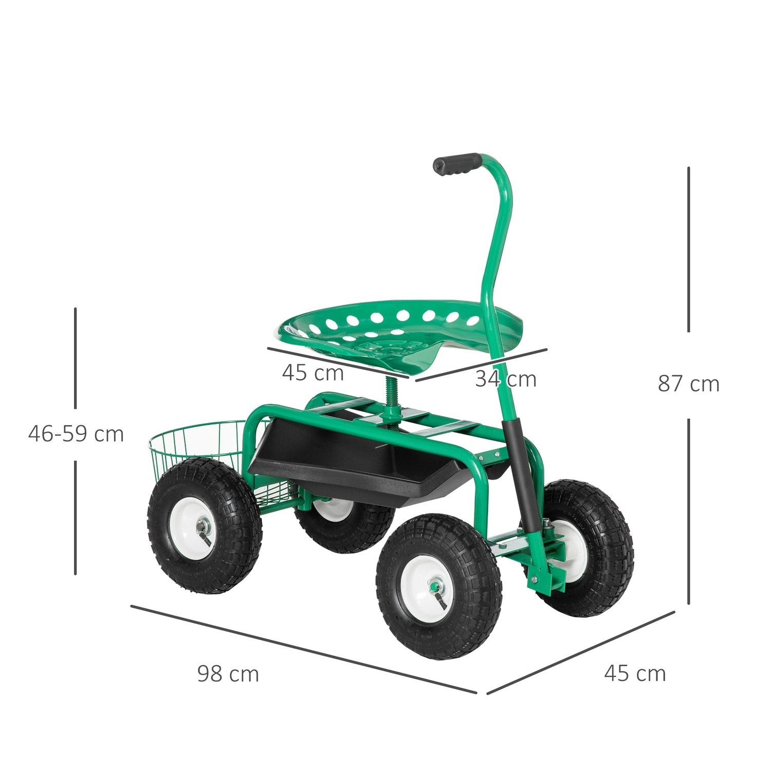 Trädgårdsvagn, Verkstadsvagn, Trädgårdssits Med Vridbar Sits, Förvaringskorg, Höj- Och Sänkbar, 150 Kg Lastkapacitet, Metall + Gummi, Grön, 81 X 44,5 X 46-59 Cm