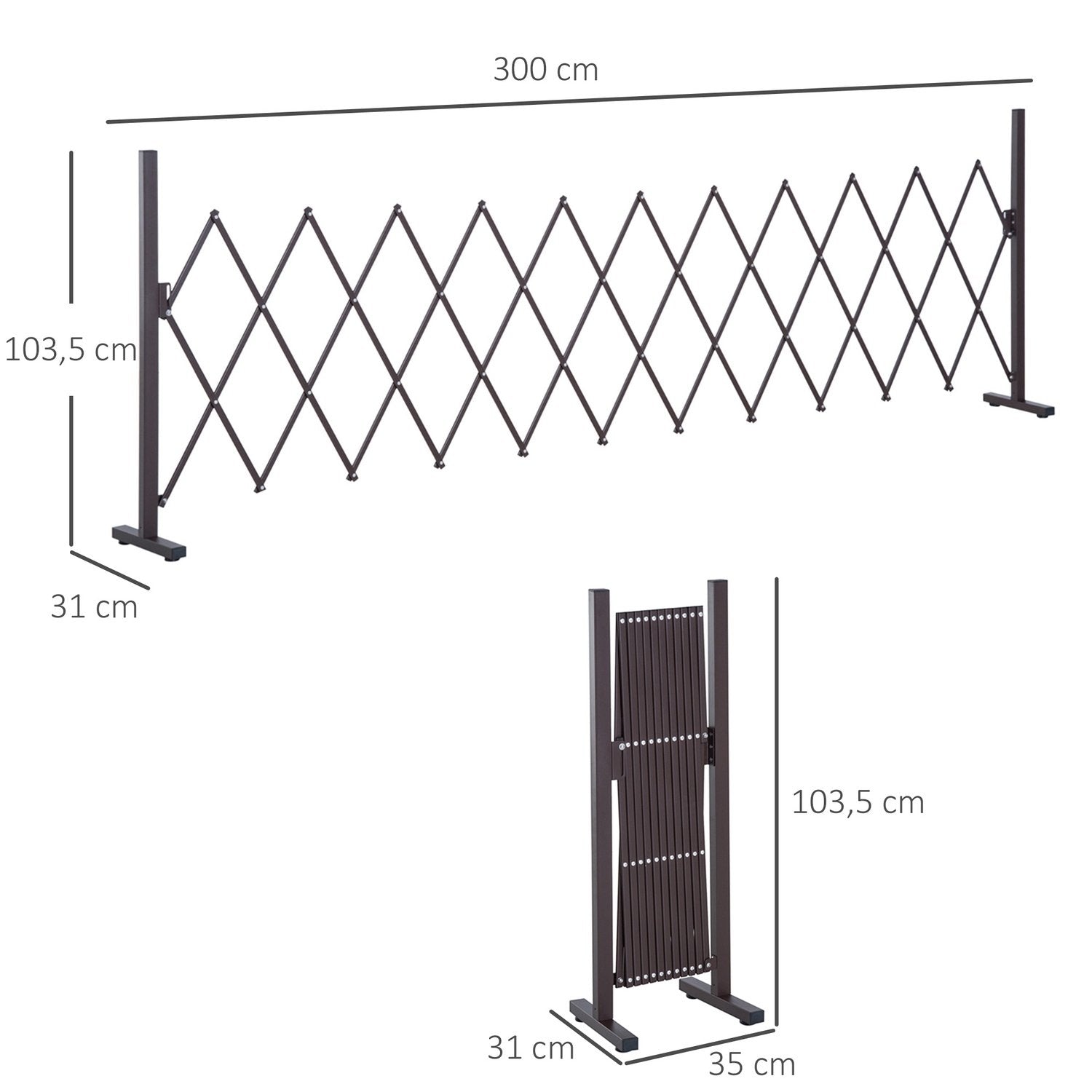 Sakseport, uttrekkbar barriere, 35-300 cm, perfekt for hage, aluminium, brun, H103,5 cm