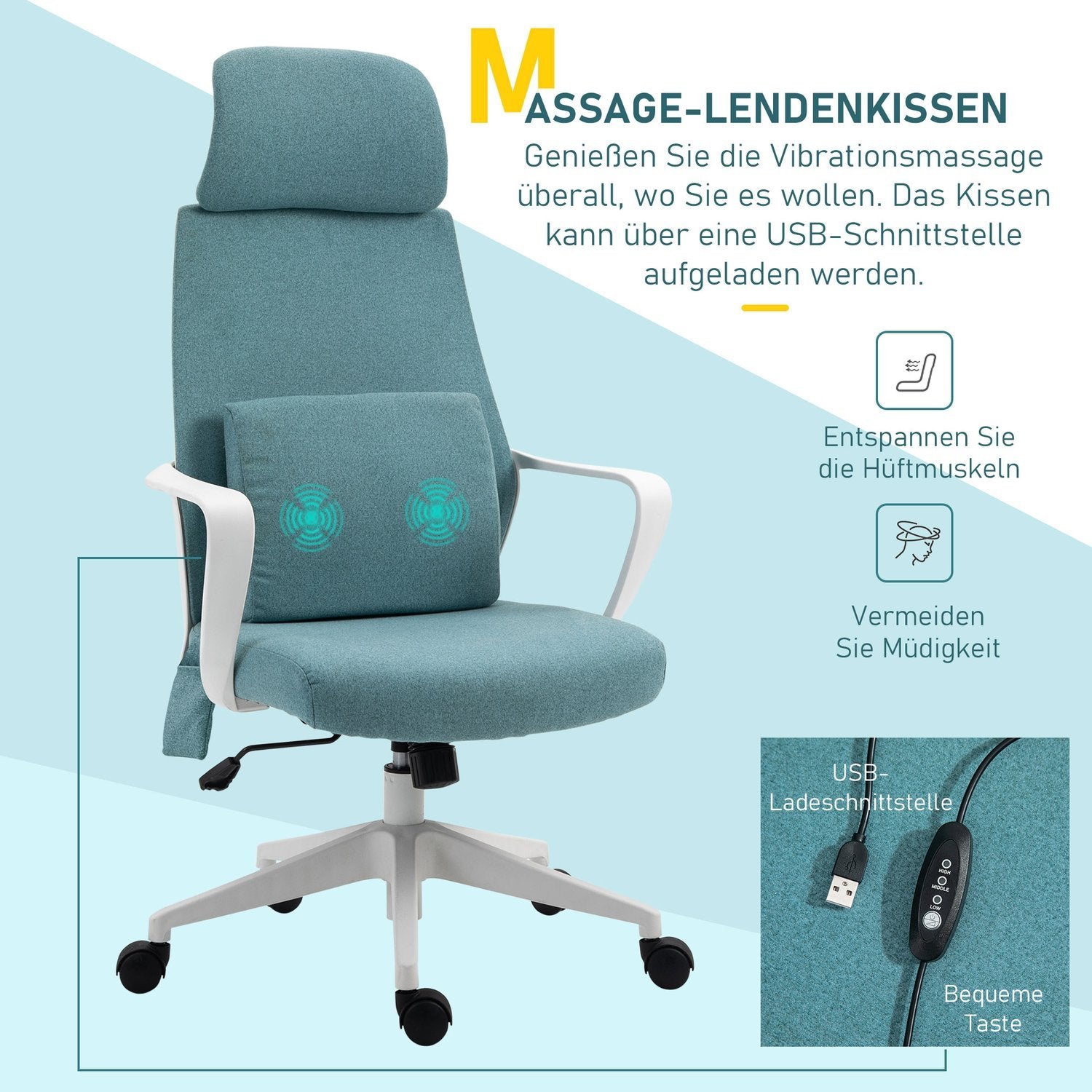 Ergonomic Executive Chair Höjdjusterbar, Massagefunktion, Gaming Stol, Nylon, Blå, 62X60X114-122Cm