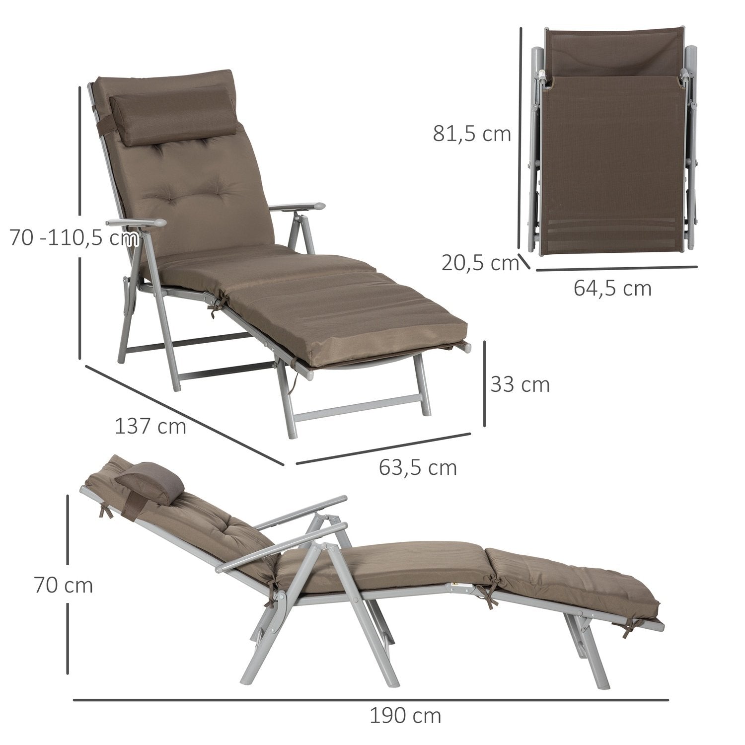 Solstol Strandstol Hageseng Sammenleggbar Justerbar Med Pute Hage Metallstoff Brun + Sølv 137 X 63,5 X 100,5 Cm