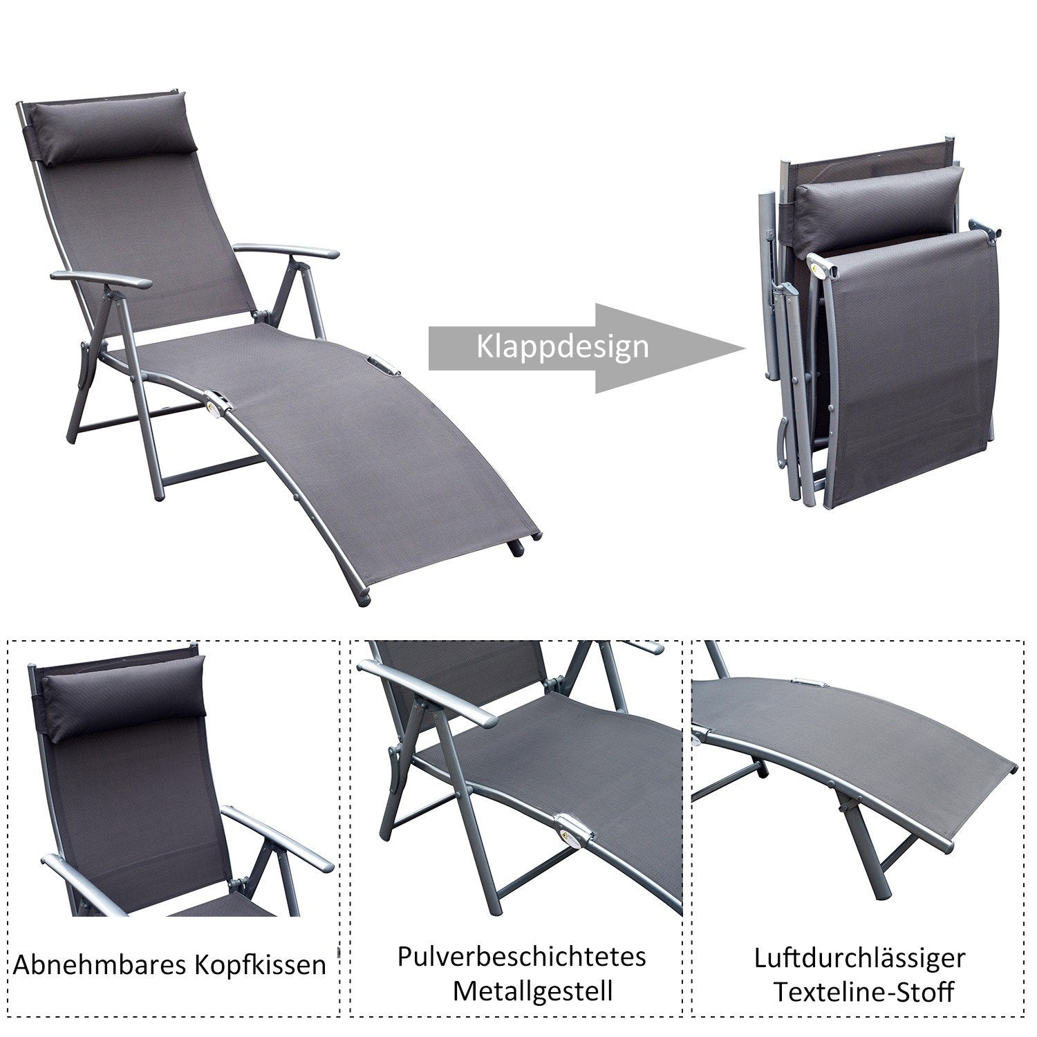 Hage fluktstol fluktstol fluktstol sammenleggbar med pute Hagegrå metall + stoff grå 137 X 63,5 X 100,5 Cm