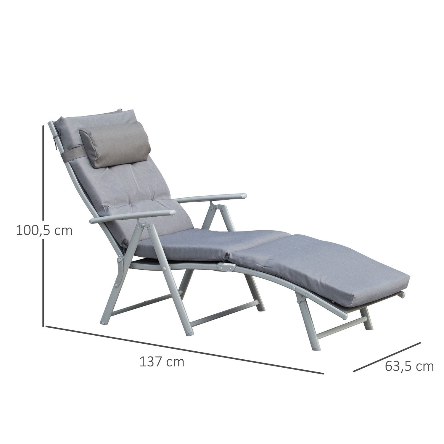 Dekkstol Strandstol Hageseng Sammenleggbar Justerbar Med Pute Hage Metallstoff Grå 137 X 63,5 X 100,5 Cm