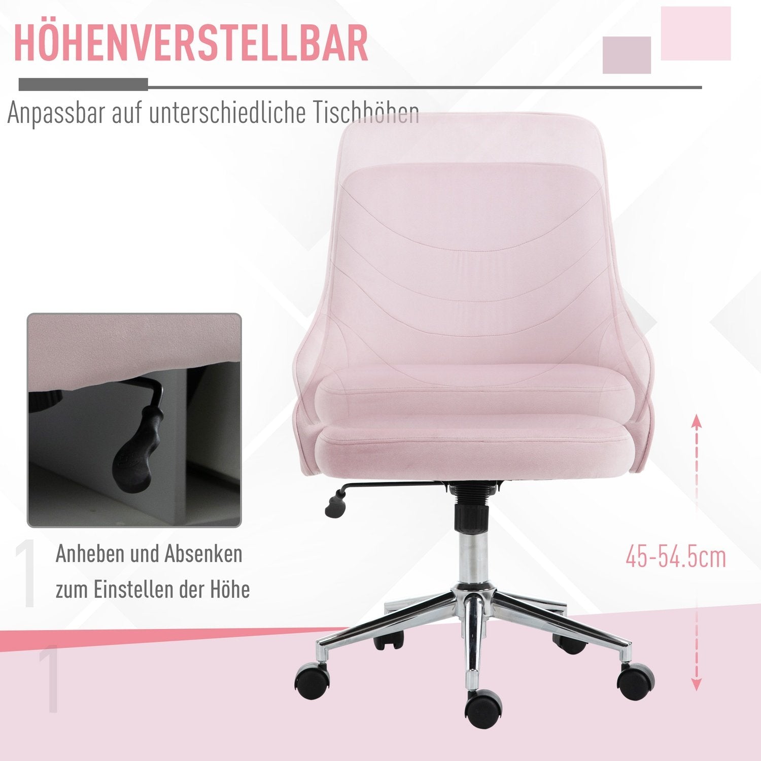 Kontorstol Soho-stil skrivebordsstol med vippefunksjon, fløyel, rosa, 57X61X86-96Cm