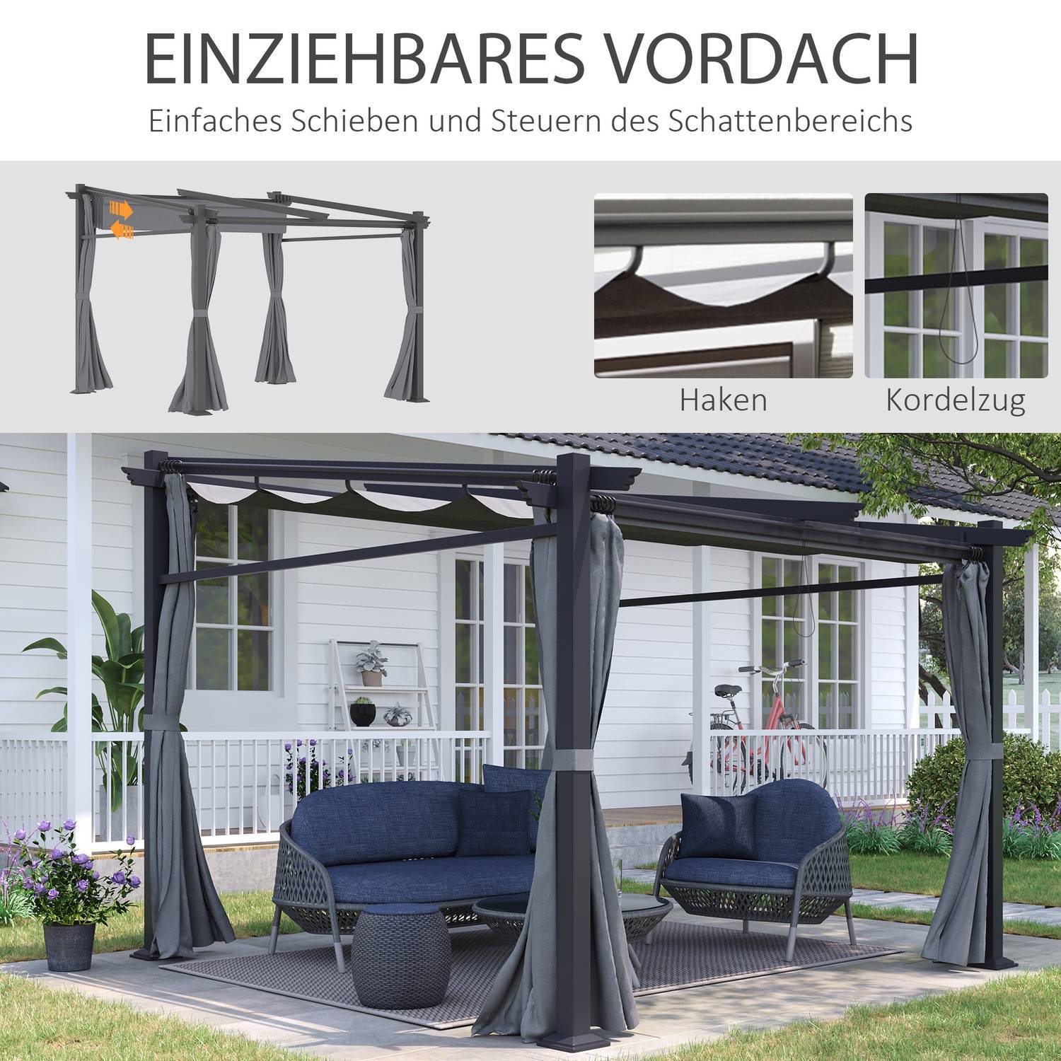 Pergola 2,97X2,95M vannavstøtende lysthus med solskjerm og sidepaneler, polyester, mørkegrå