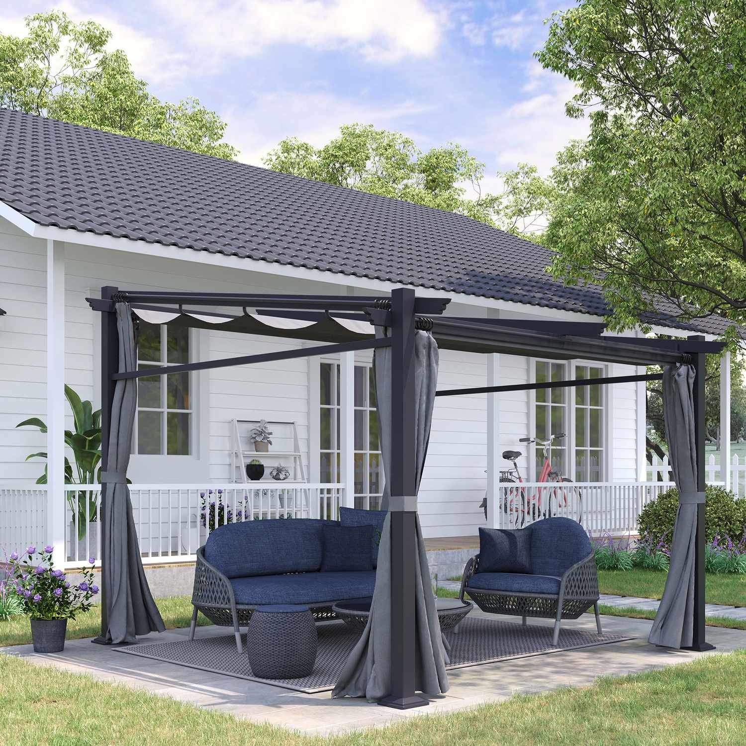 Pergola 2,97X2,95M vannavstøtende lysthus med solskjerm og sidepaneler, polyester, mørkegrå