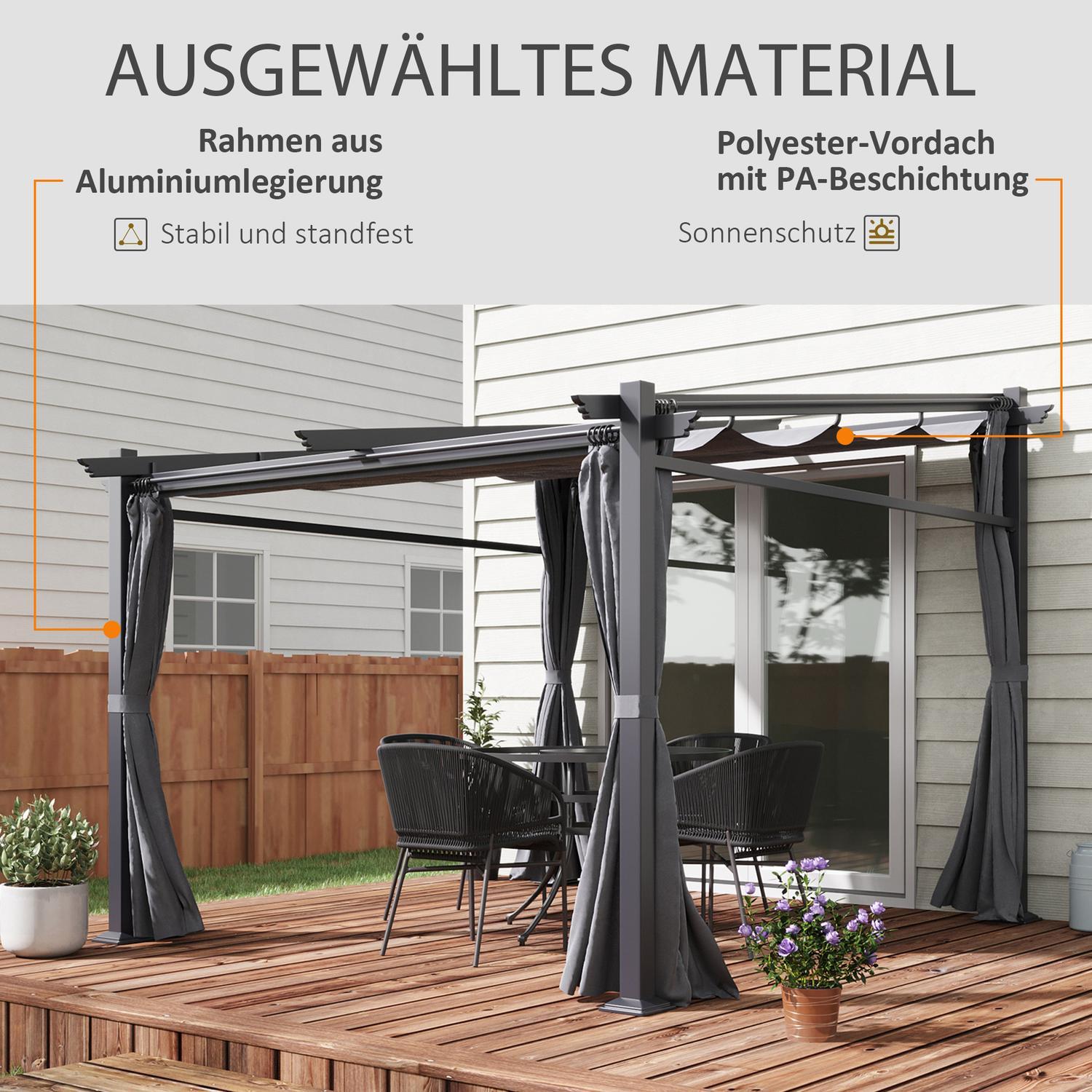 Pergola 2,97X2,95M vannavstøtende lysthus med solskjerm og sidepaneler, polyester, mørkegrå