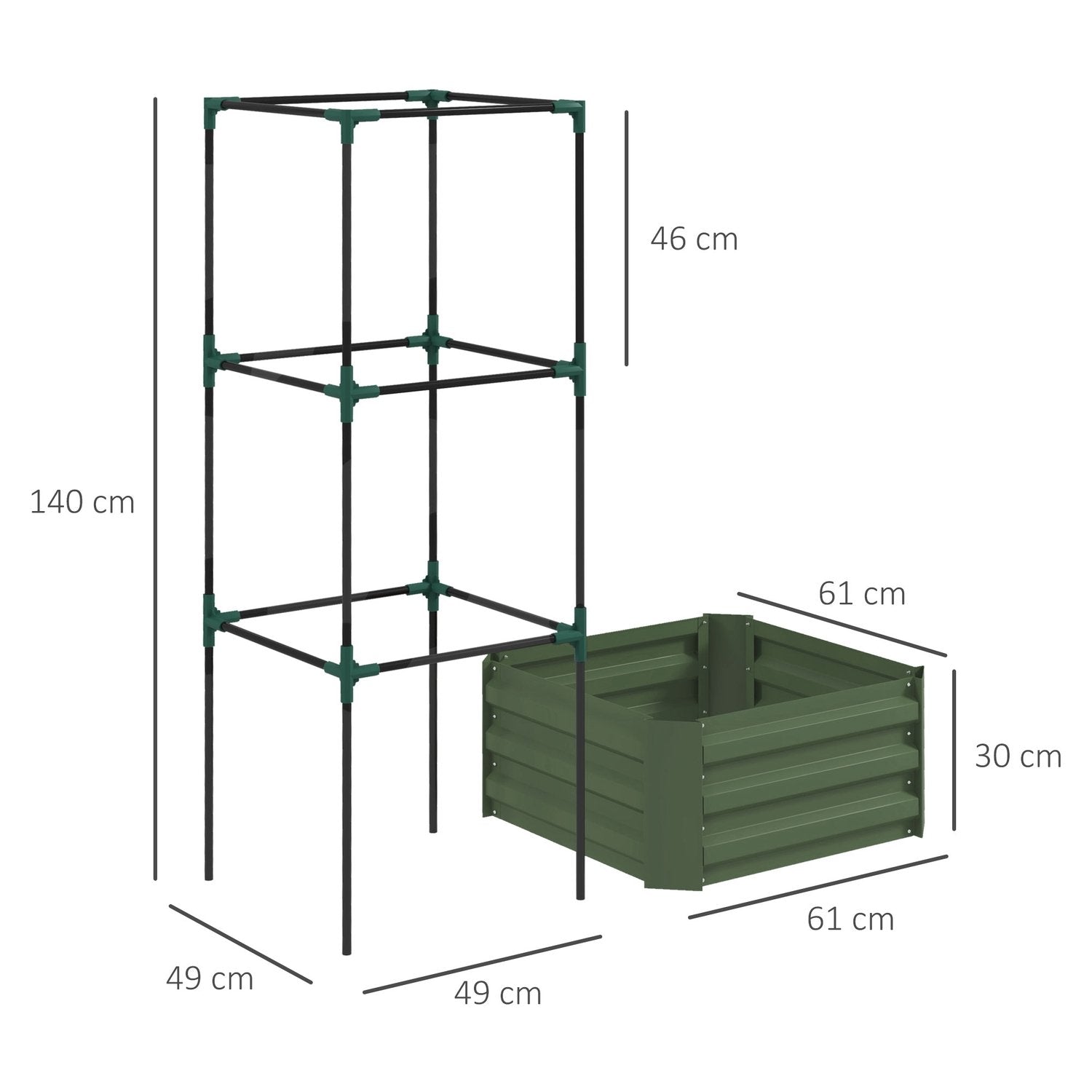 Høybed med espalier, blomsterkasse med åpen bunn, grønnsaksseng, plantekasse, urtebed for hage, balkong, galvanisert stål, grønn