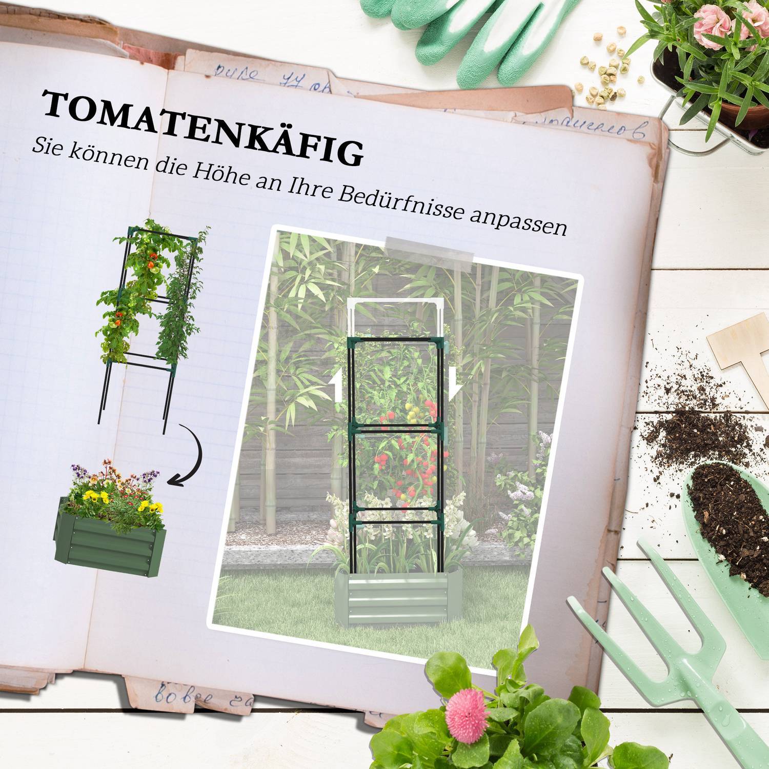 Høybed med espalier, blomsterkasse med åpen bunn, grønnsaksseng, plantekasse, urtebed for hage, balkong, galvanisert stål, grønn