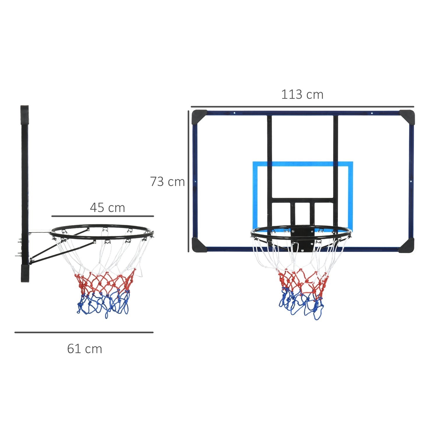 Basketballbøyle Basketballbrett med kurv og nett, veggmontert for utendørs bruk, stål, 113 X 61 X 73 cm