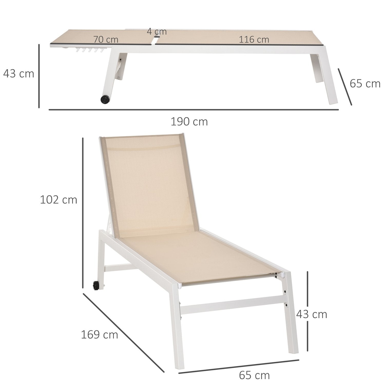 Hageseng 5-trinns ryggstøtte Aluminium Kremhvit 169X65X102Cm