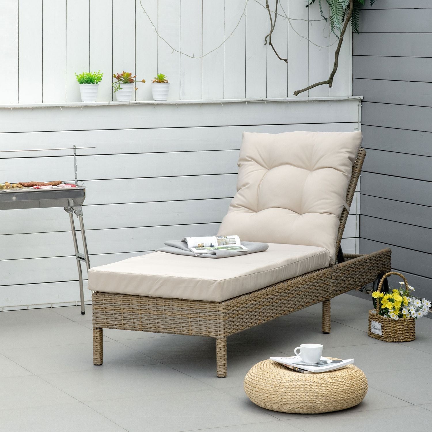 Polyrattan Solstol Trädgård Solstol Justerbar Kudde Naturlig Khaki 200X66X92Cm