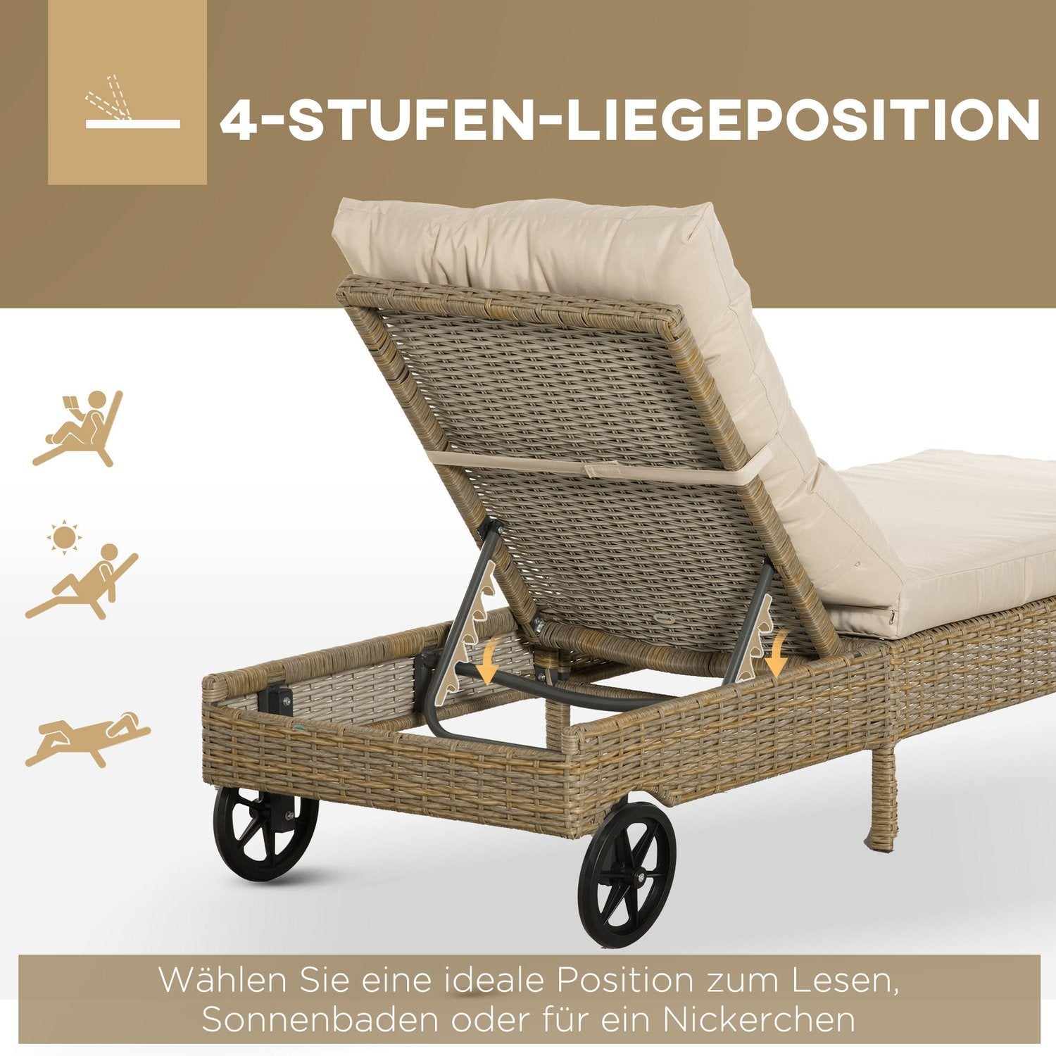 Polyrattan Solstol Trädgård Solstol Justerbar Kudde Naturlig Khaki 200X66X92Cm