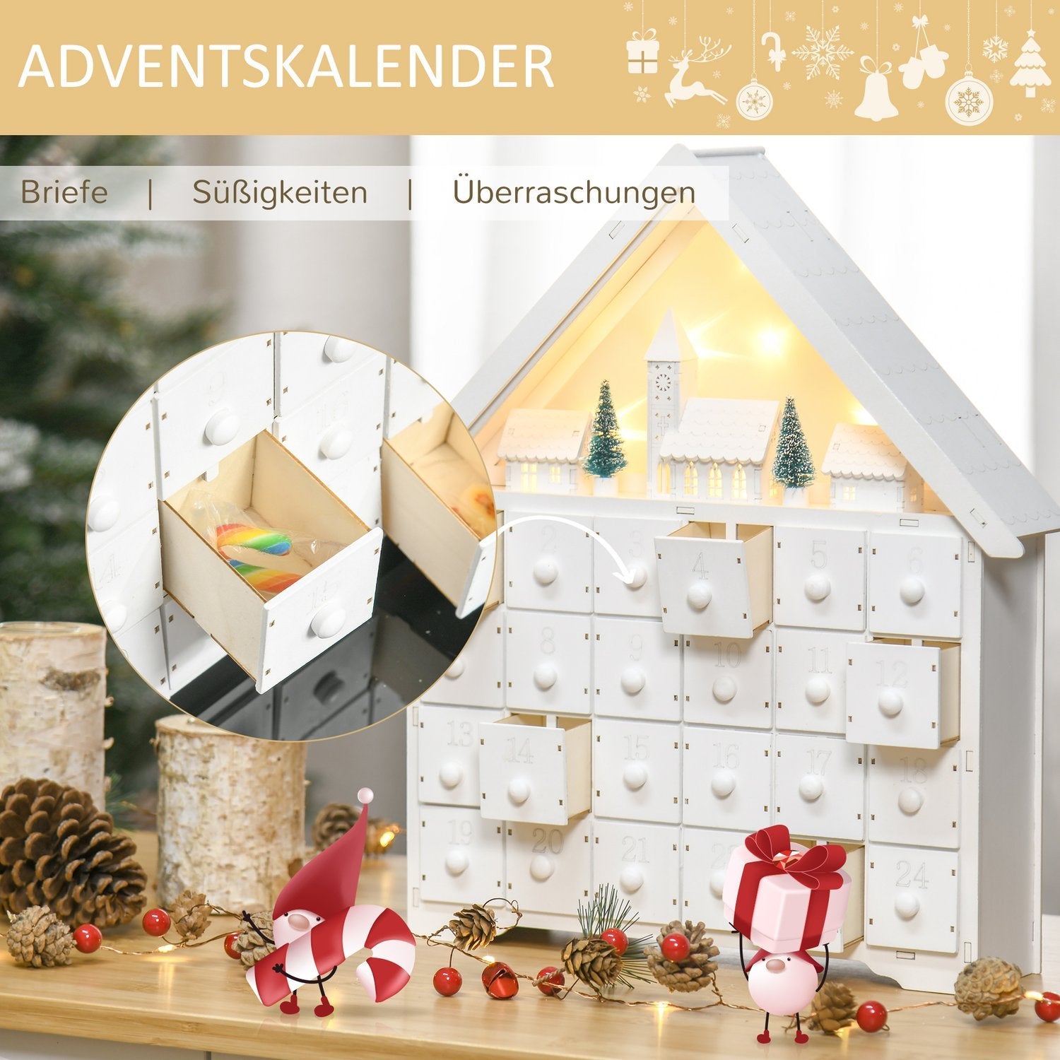 Adventskalender til å fylle 24 skuffer Julekalender Med LED Lys 2-i-1 Design Julepynt Hvit 39 X 9 X 42 Cm