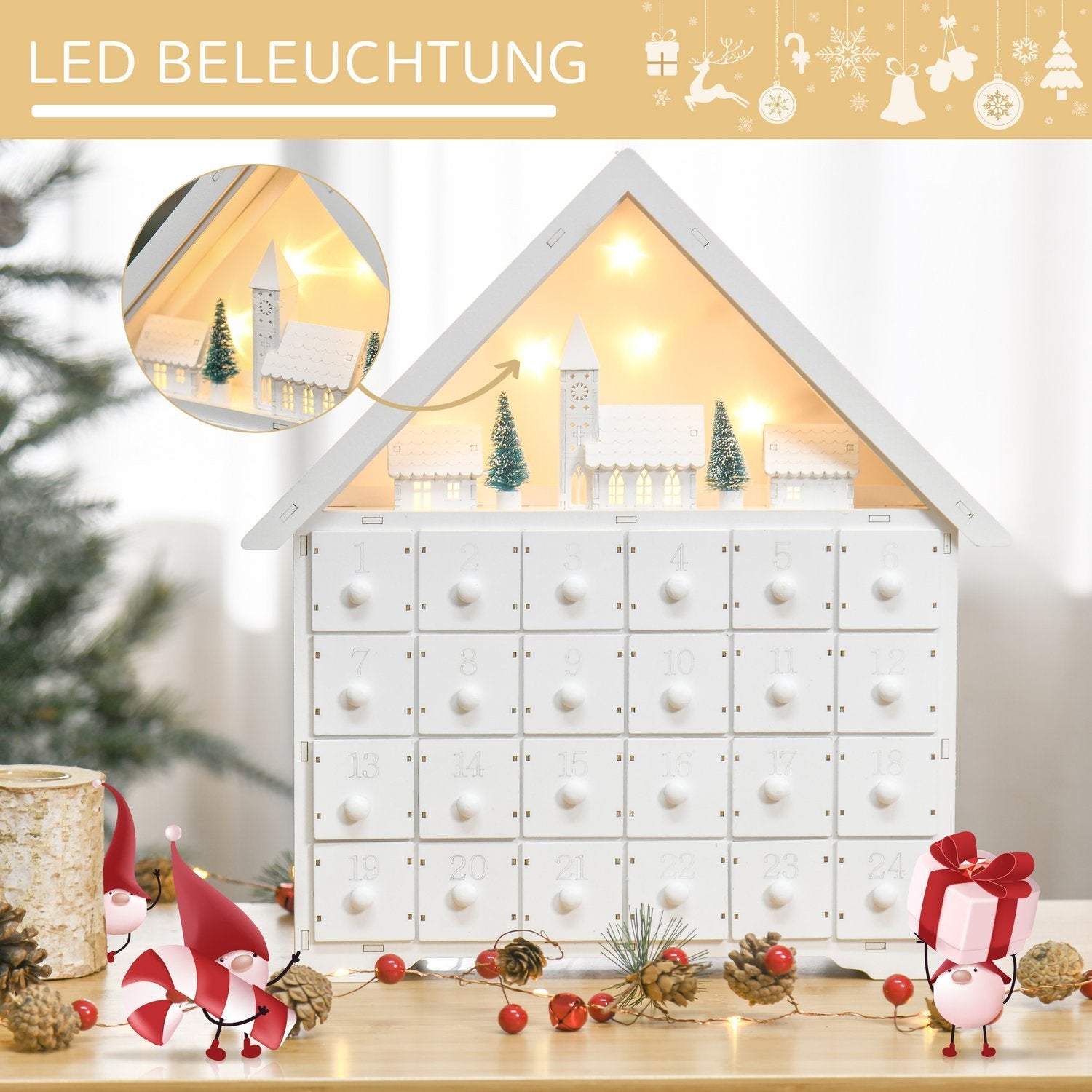 Adventskalender til å fylle 24 skuffer Julekalender Med LED Lys 2-i-1 Design Julepynt Hvit 39 X 9 X 42 Cm