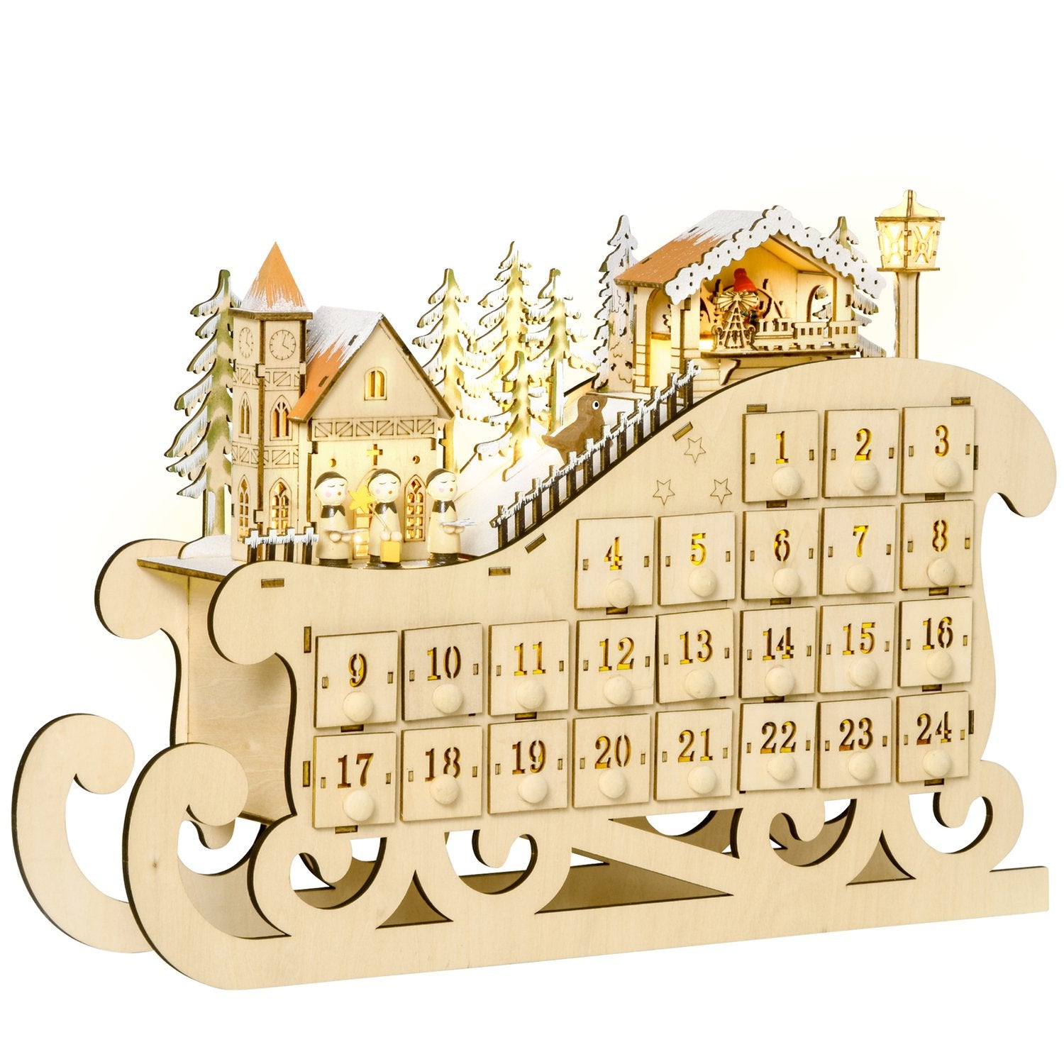 Adventskalender med 24 LED-upplysta lådor, Slädeformad