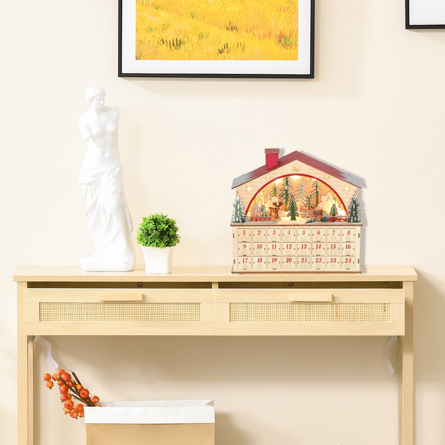 Adventskalender med 24 lådor, LED-lampor, trä, 36x10x34 cm