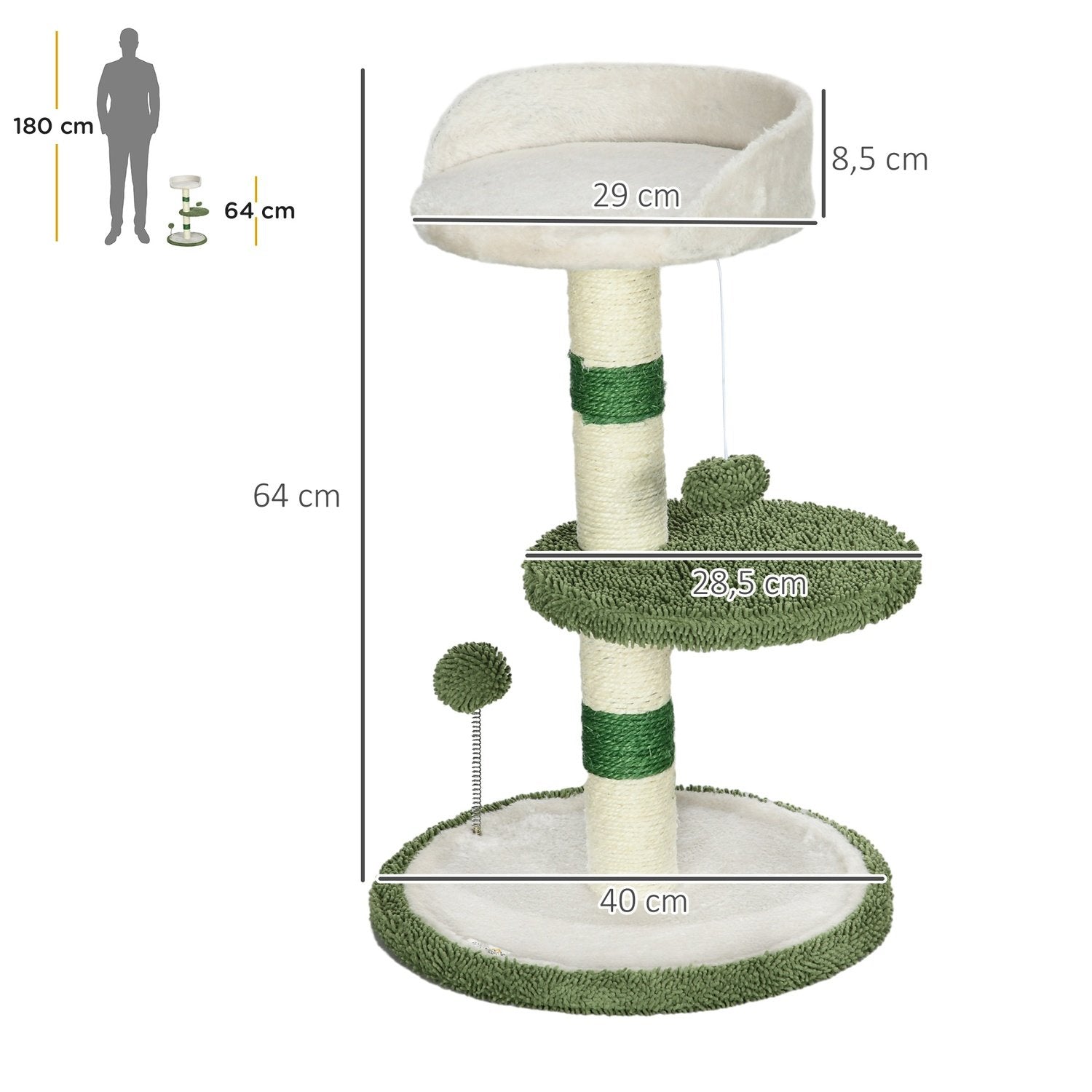 Ripestolpe Liten 64 cm rundt kattetre med liggeflate og lekeball, for katter opptil 4 kg, sisal, hvit/grønn