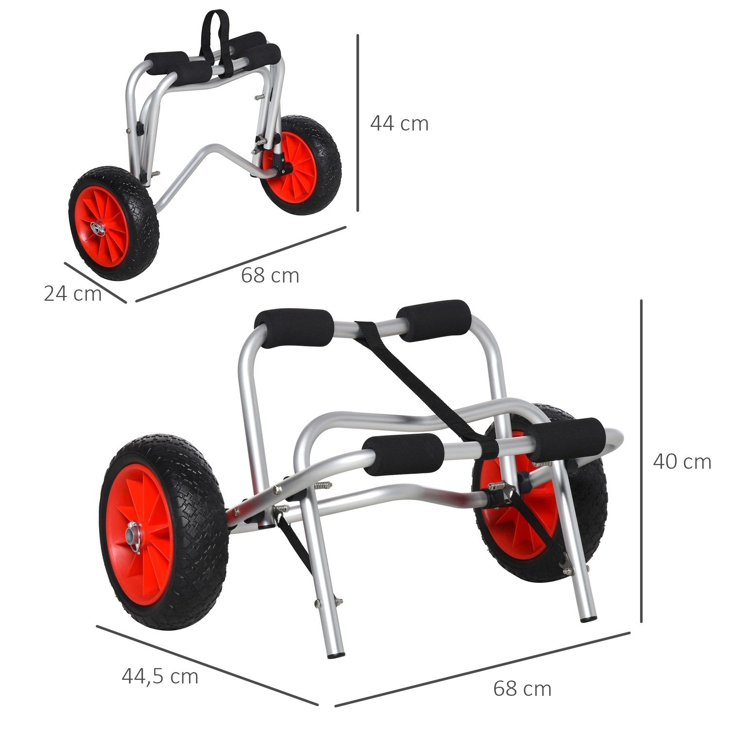 Kanovogn ​​i aluminium, kajakkvogn, surfevogn, sammenleggbar med stropp, Pu-hjul, sølv, opptil 75 kg, 68 x 44,5 x 40 cm