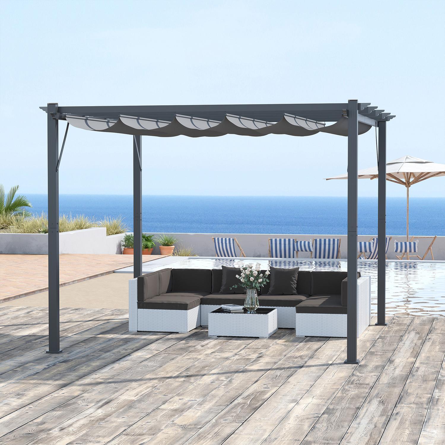 Pergola Gazebo uteplasstak med skyvetak, hage, aluminium, koksgrå + mørkegrå, 3X3X2,23M