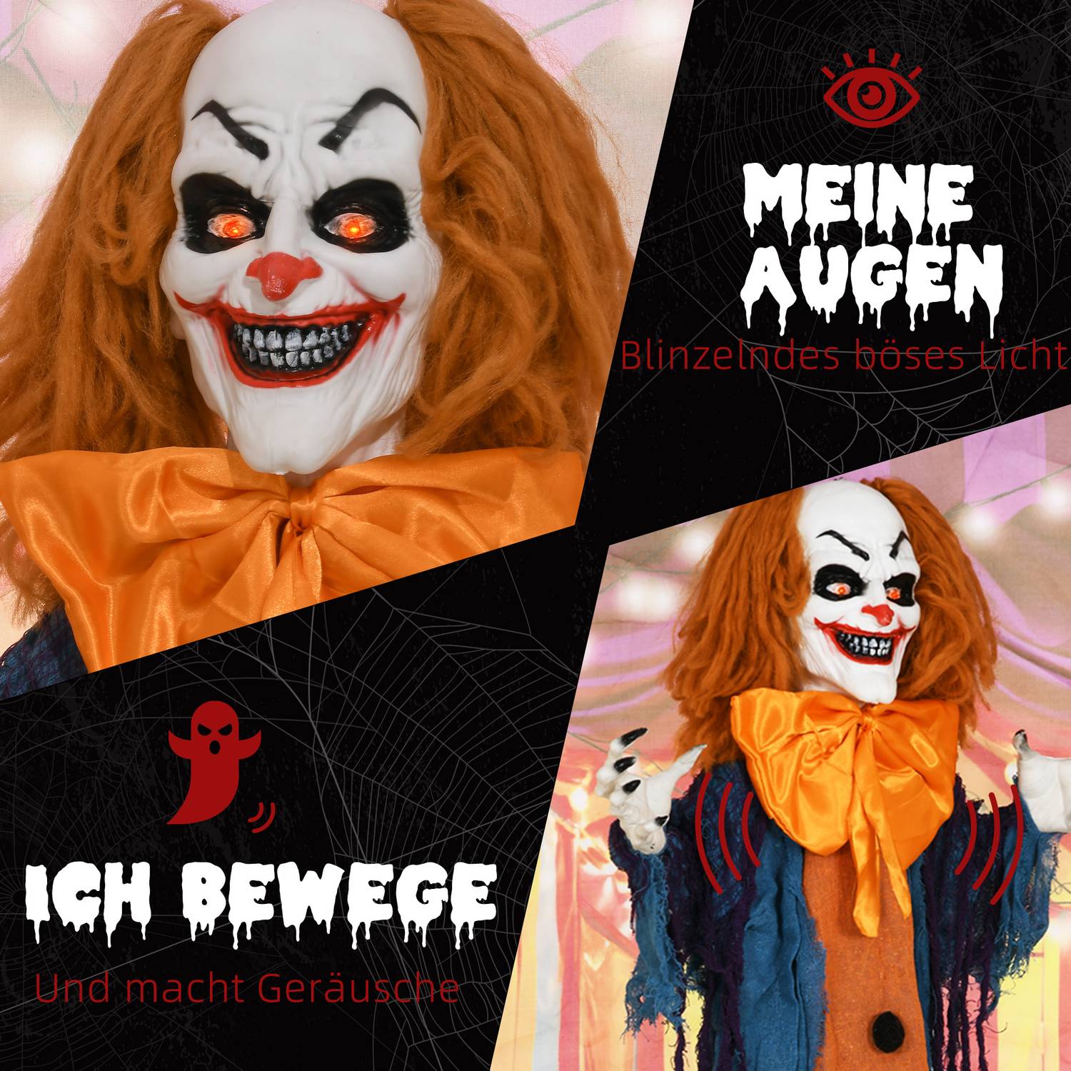 Animerad Halloween clown dekoration med röda ögon, ljud