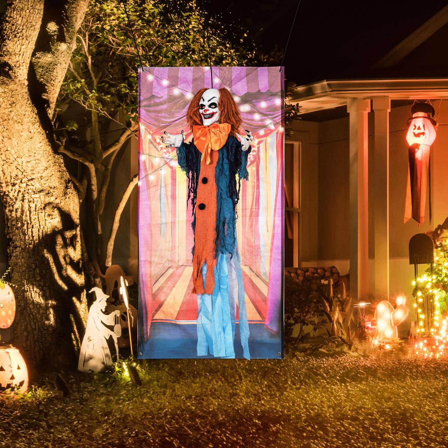 Animerad Halloween clown dekoration med röda ögon, ljud
