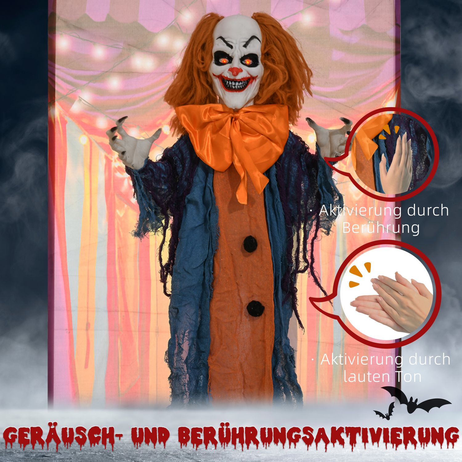 Animerad Halloween clown dekoration med röda ögon, ljud