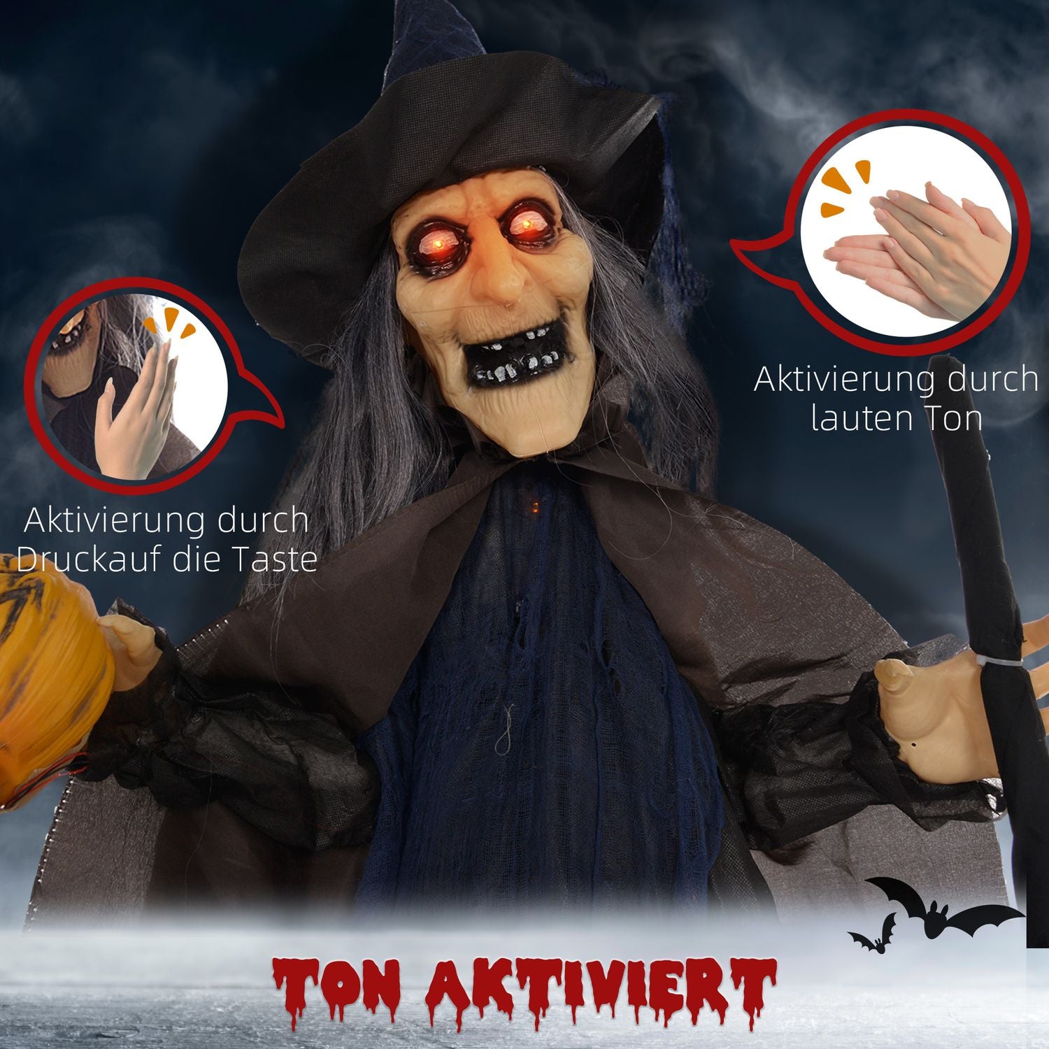 Animerad Halloween-häxdekoration med ljusa ögon