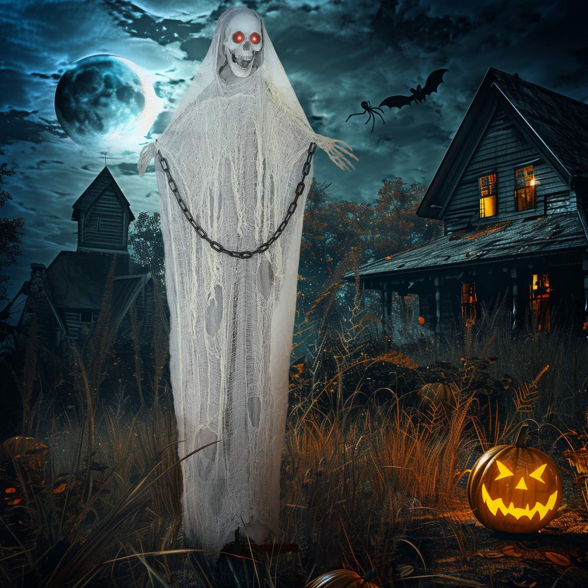 Animerte Grim Reaper Halloween-dekorasjon, 183 cm, lysende øyne