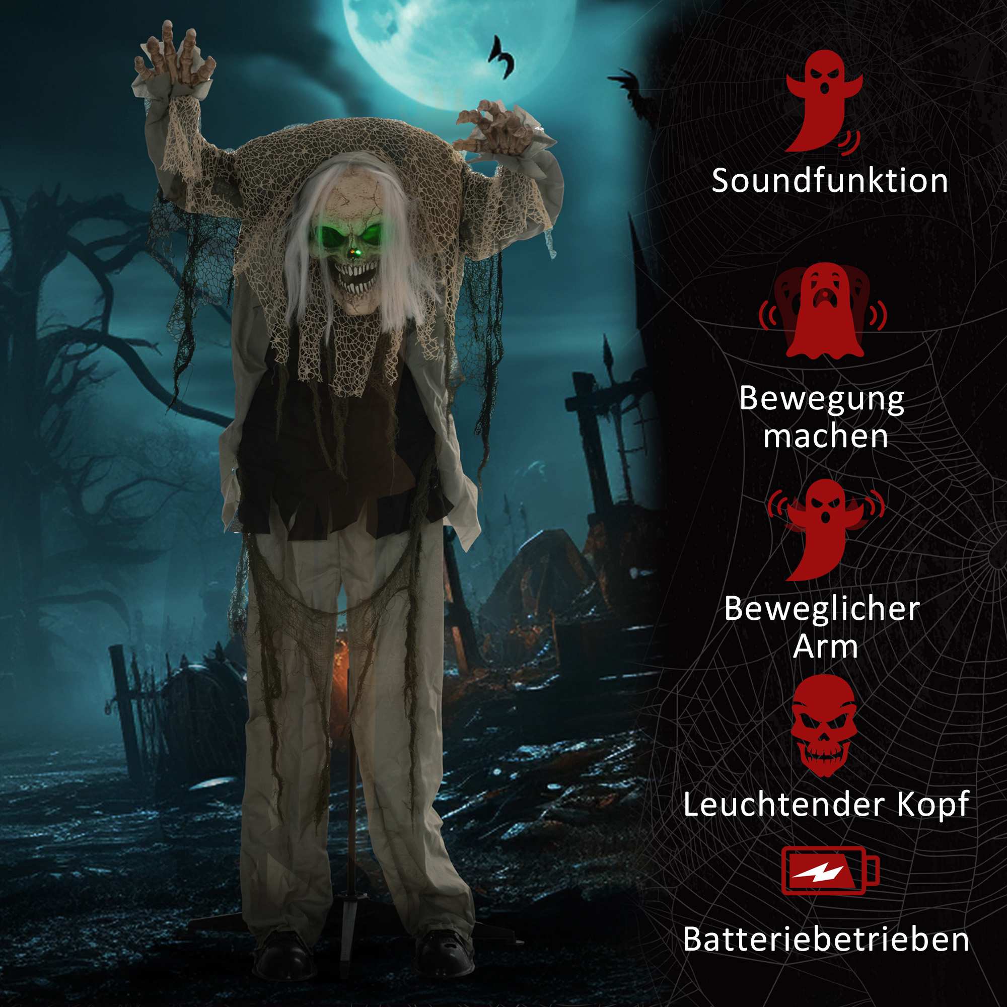 Animerat Halloween-skelettspöke med röda ögon, 160 cm