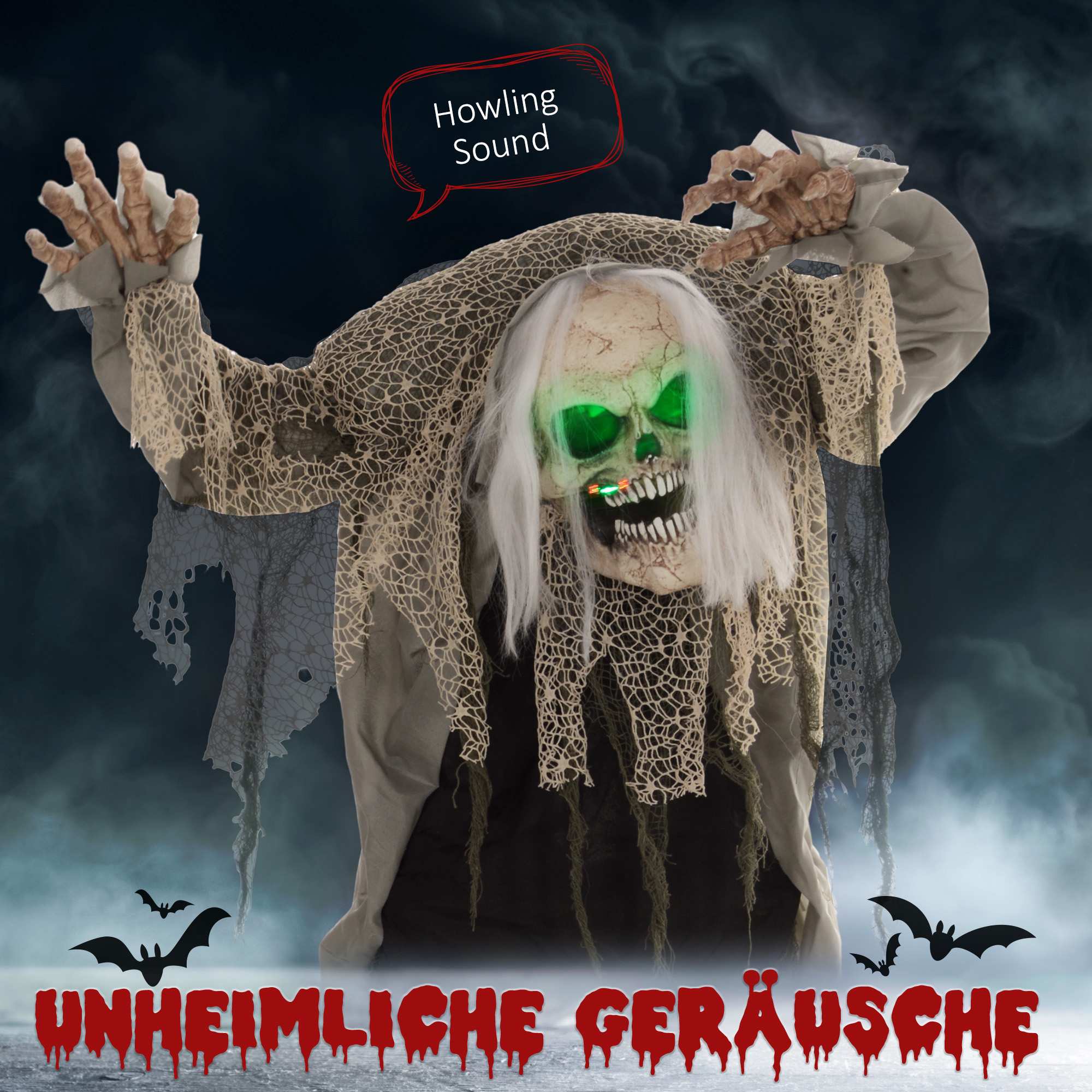 Animerat Halloween-skelettspöke med röda ögon, 160 cm