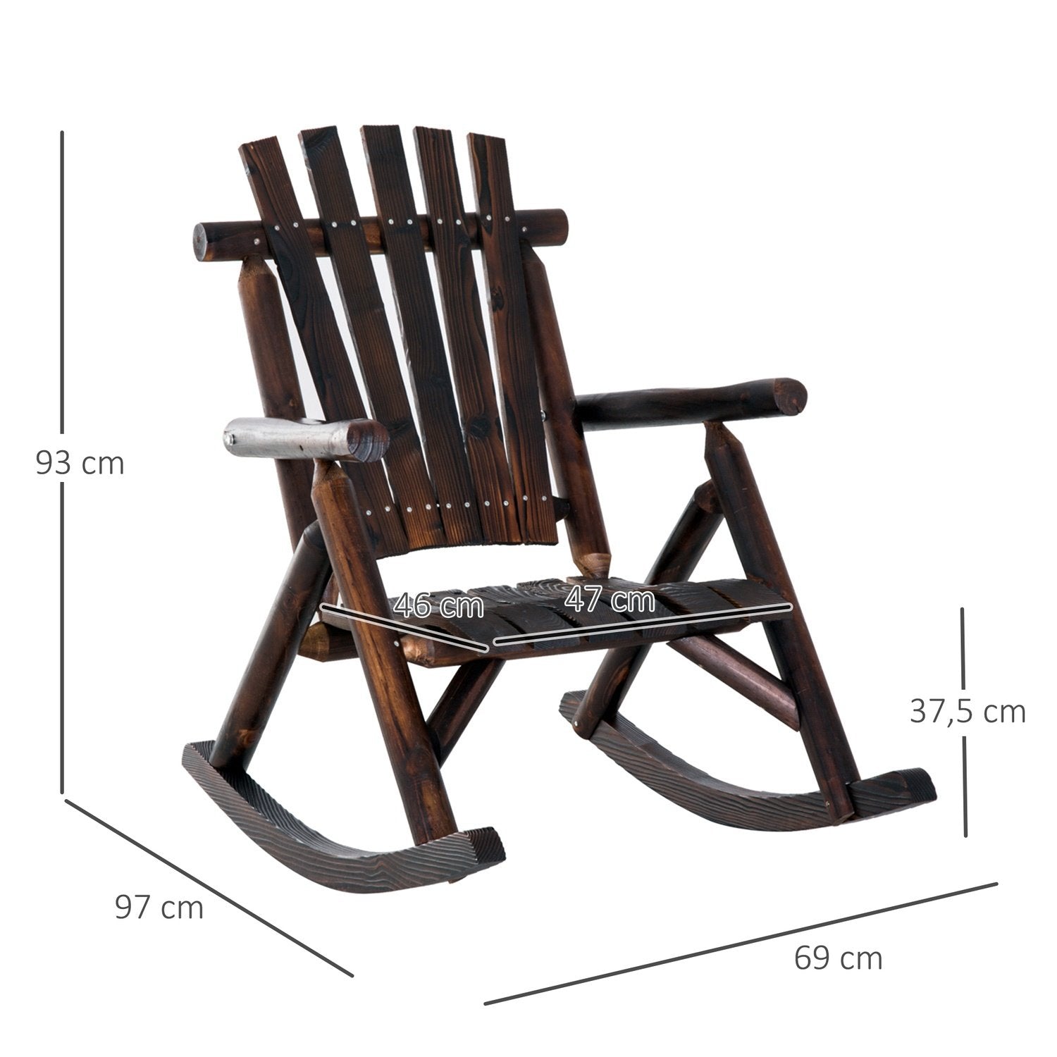 Gyngestol med armlener, værbestandig, solid karbonisert tre, 97 X 69 X 93 cm