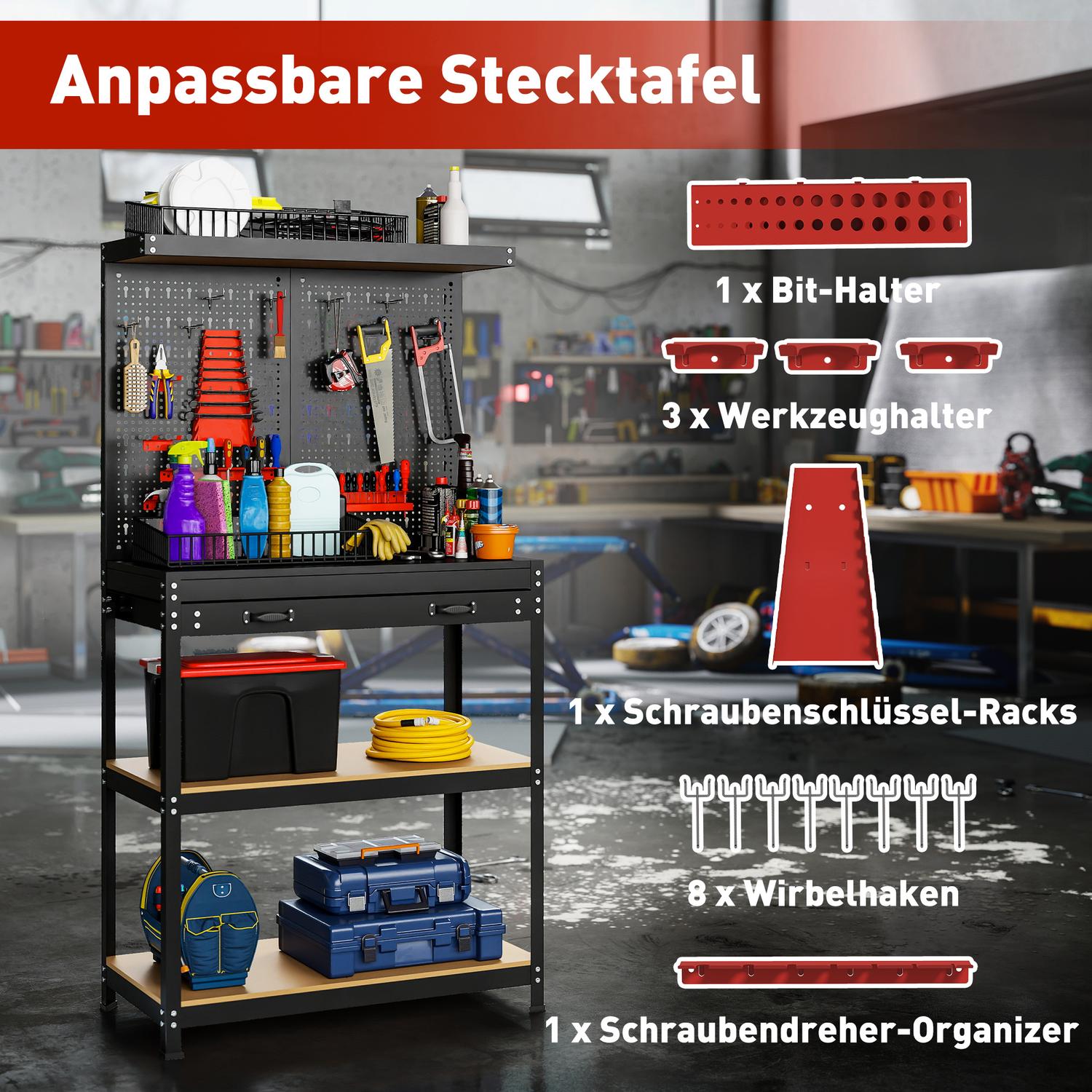 Arbetsbänk med hylsplatta, krokar, låda, 2 hyllor, svart