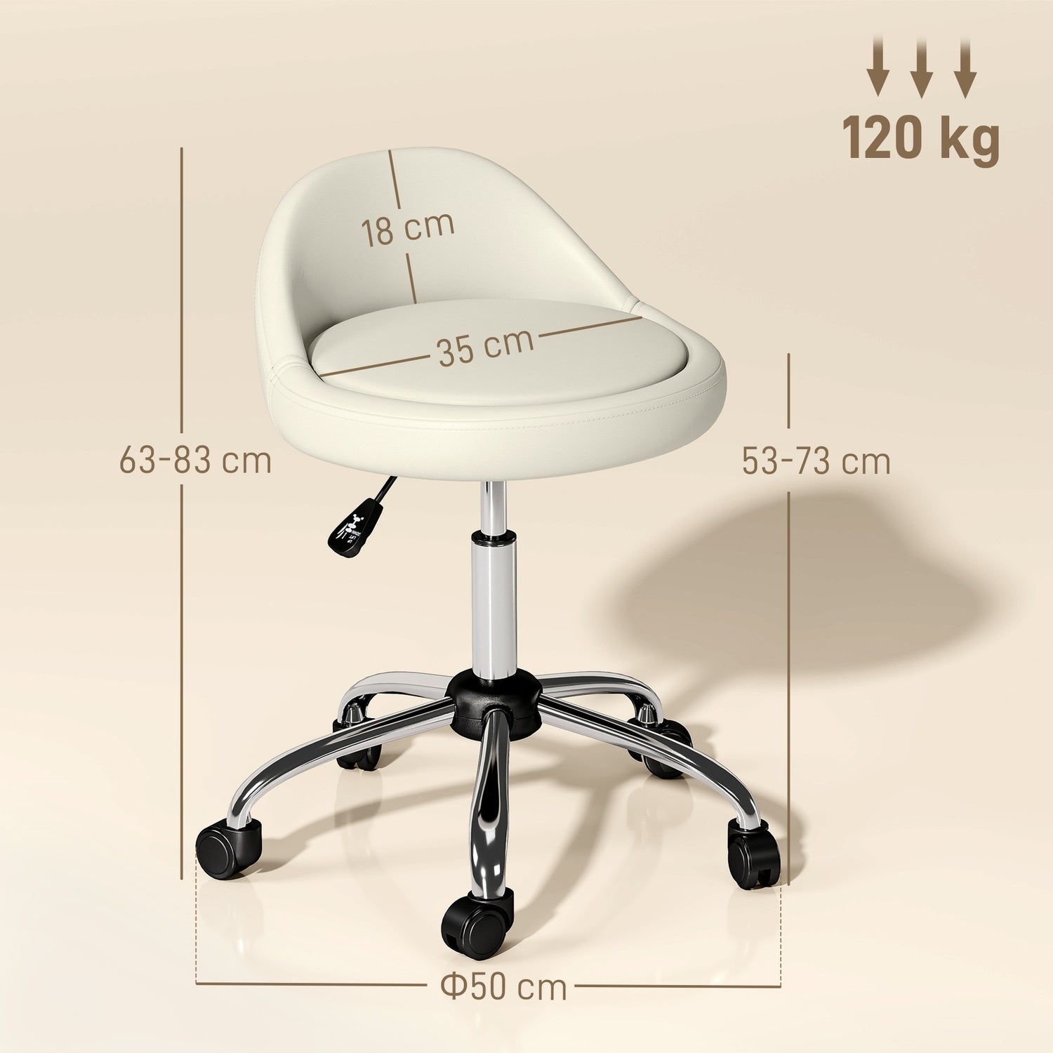 Arbetspall, vridbar pall, rullpall, höj- och sänkbar, vridbar sits, 50 cm x 50 cm x 83 cm, vit