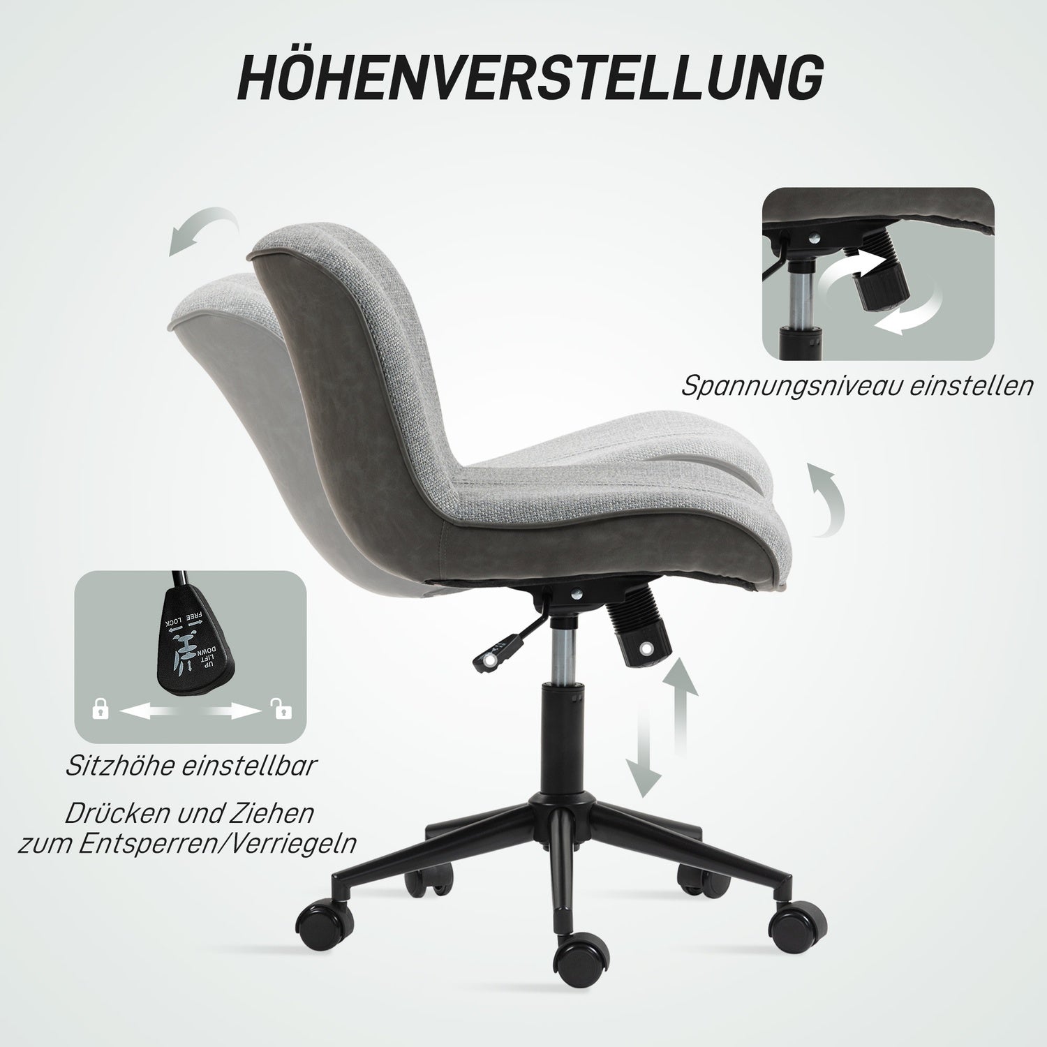 Armless kontorsstol, justerbar höjd, vridbar, grå