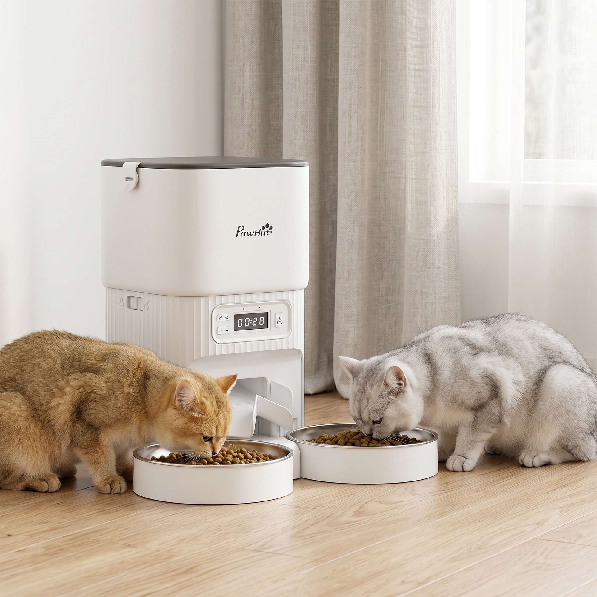 Automatisk kattmatare, 4L timer, 2 rostfria skålar