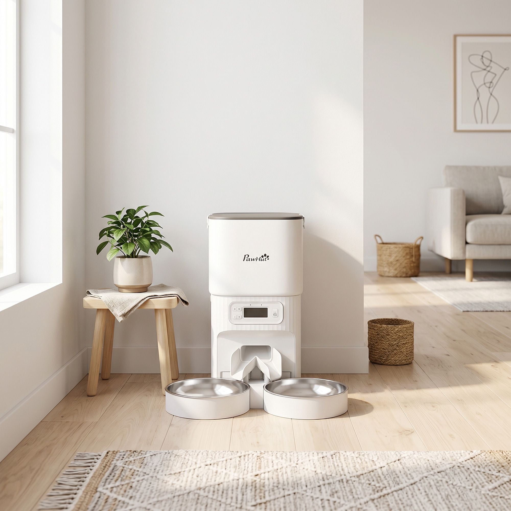 Automatisk kattmatare, 4L timer, 2 rostfria skålar