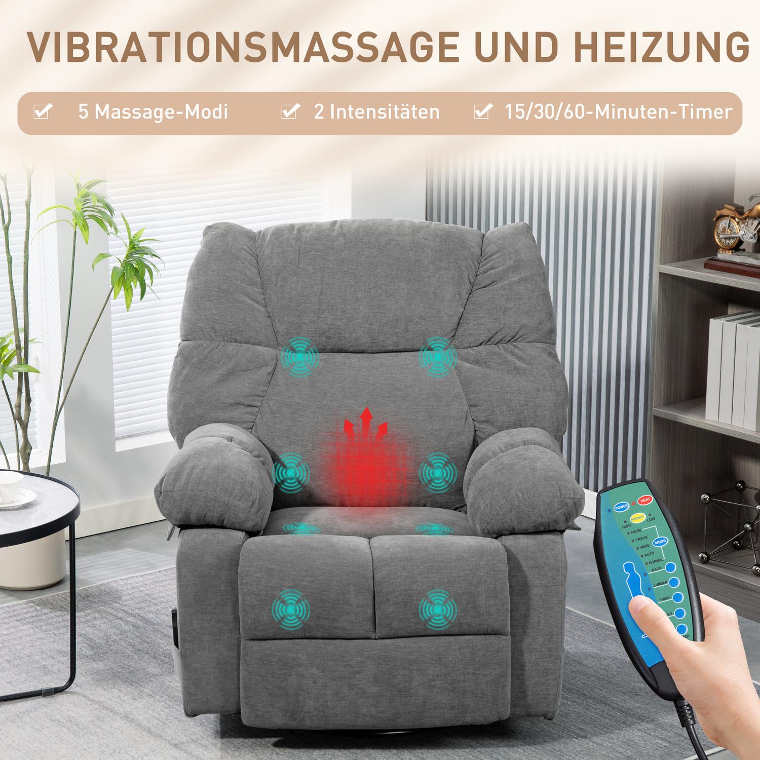 Avkopplande stol med massagefunktion, liggfunktion, roterande massagestol, 4 sidfickor och fjärrkontroll, mörkgrå
