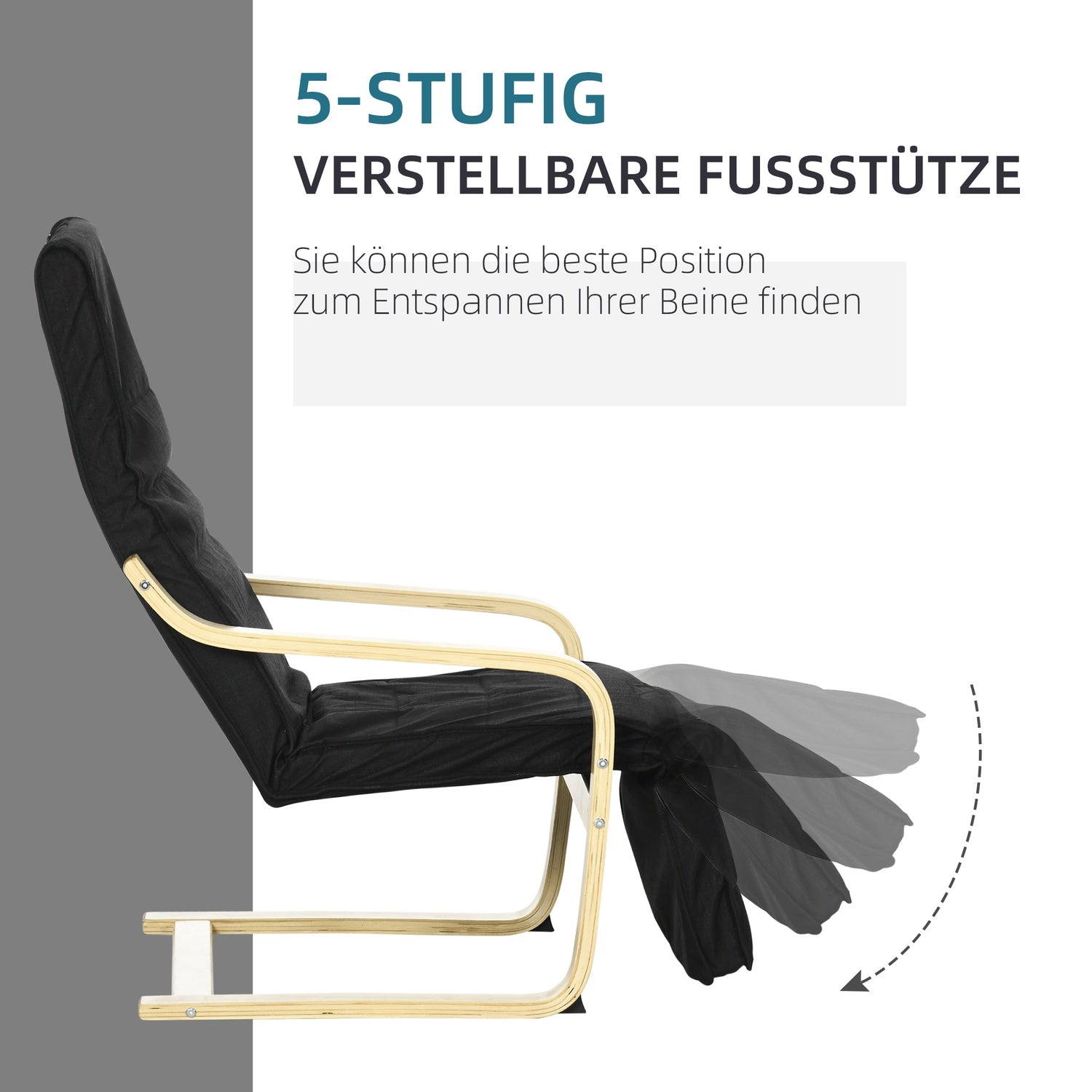 Avslappningsstol med justerbart fotstöd, linne, svart