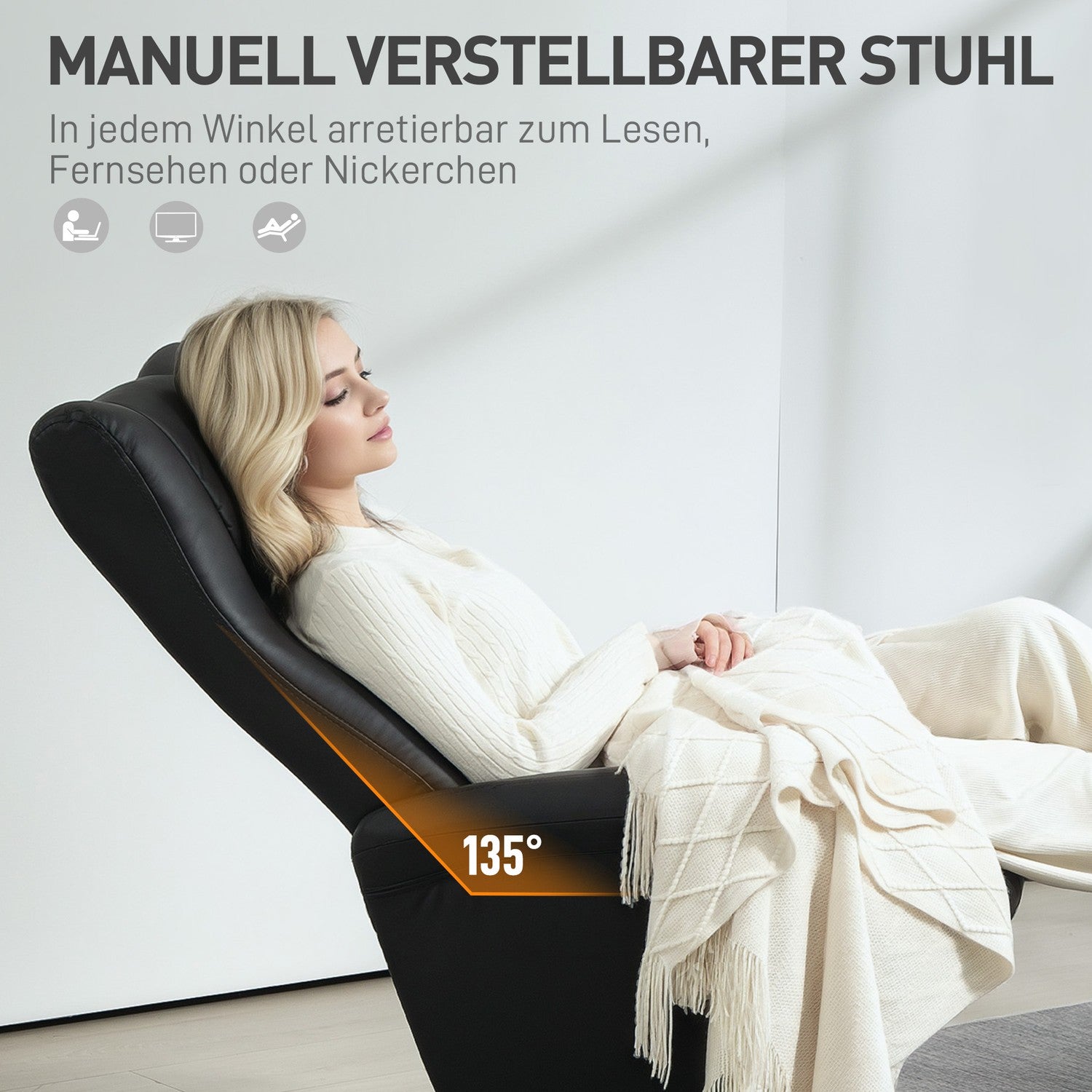 Liggstol med pall & justerbart ryggstöd, svart konstläder