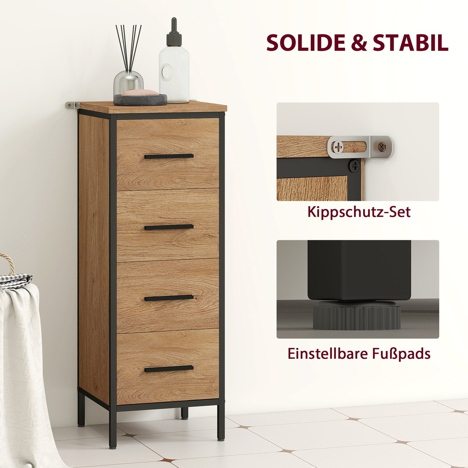 Badrumsskåp, 4 lådor, kompakt, industriell stil