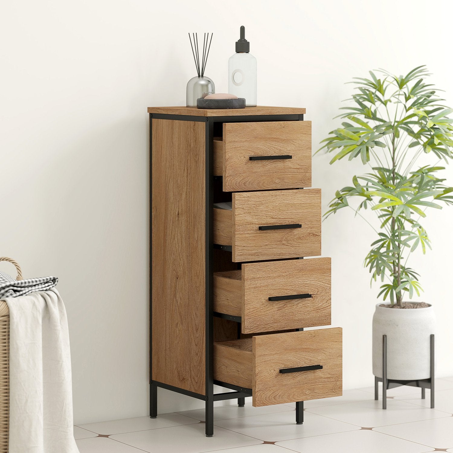 Badrumsskåp, 4 lådor, kompakt, industriell stil
