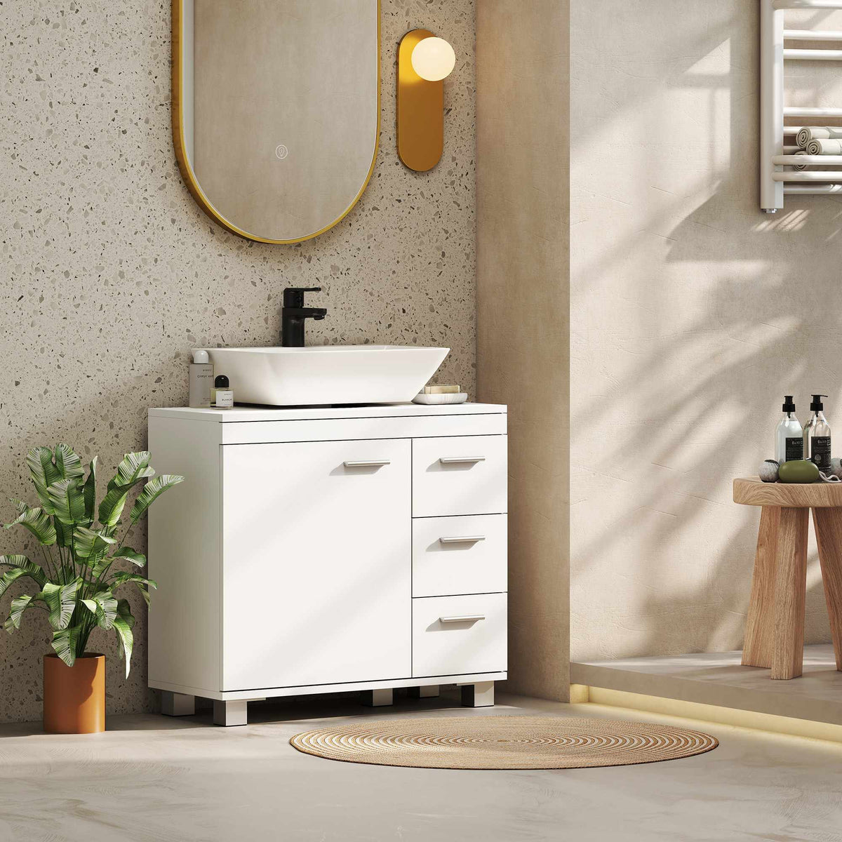 Badrumsskåp för handfat, MDF, 2 hyllor, 3 lådor, vit