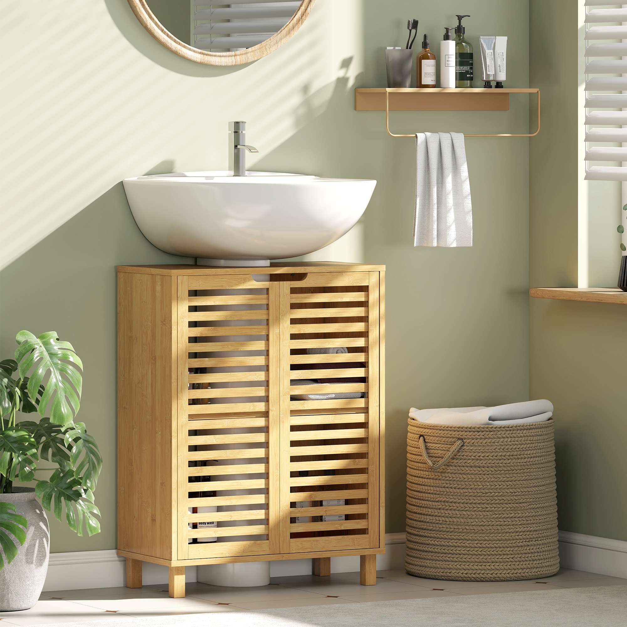 Badrumsskåp i bambu, justerbara hyllor, naturlig