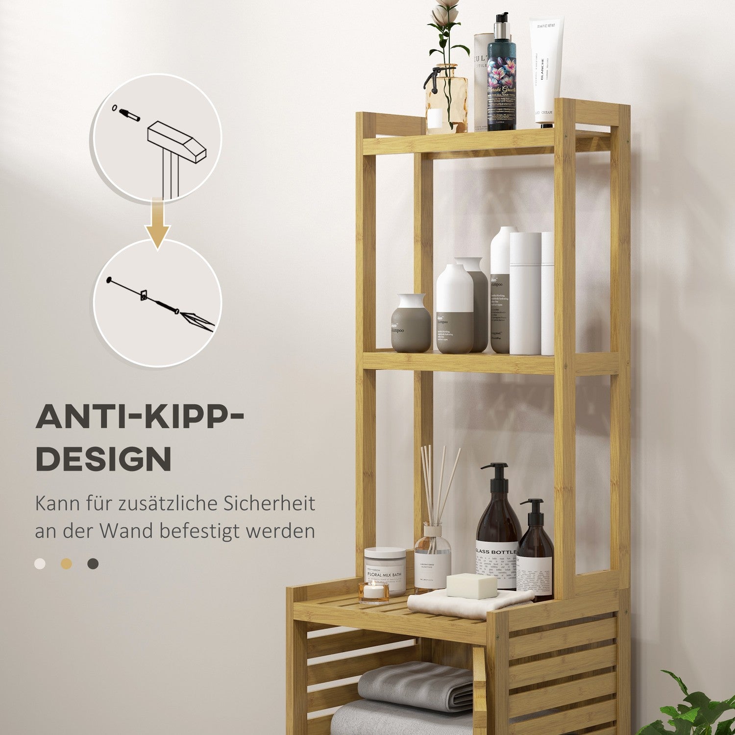 Badrumsskåp i bambu med 3 fack, tippskydd